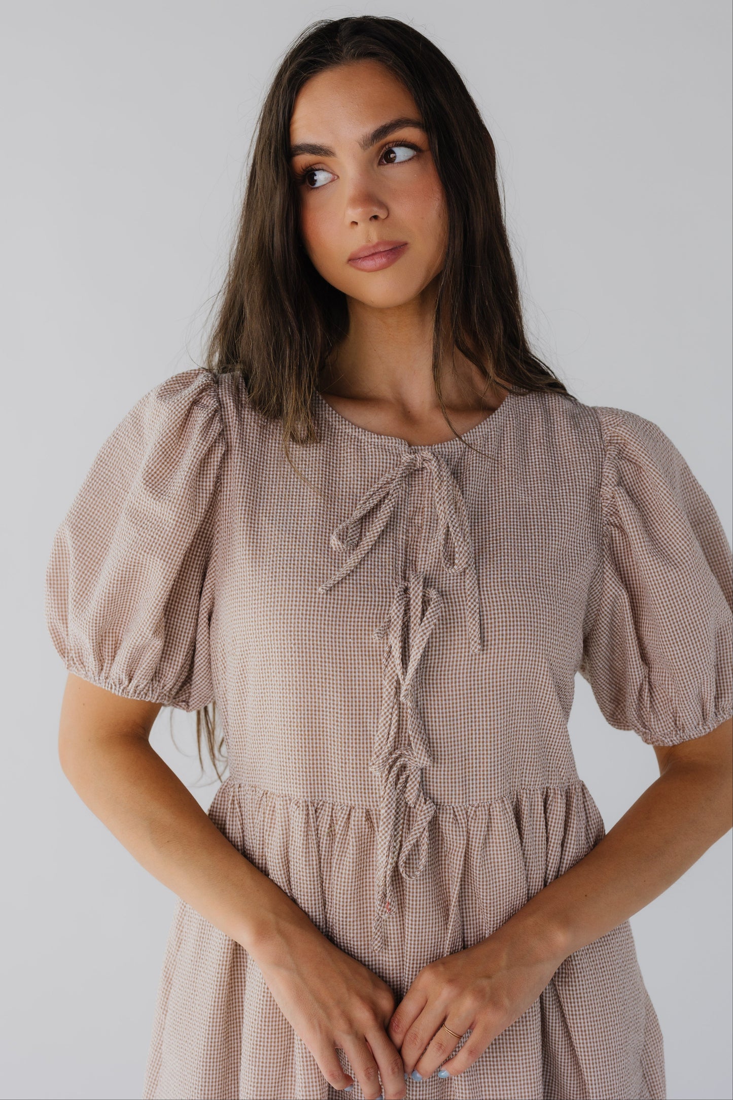 Close view gingham dress with round neckline and short puff sleeves