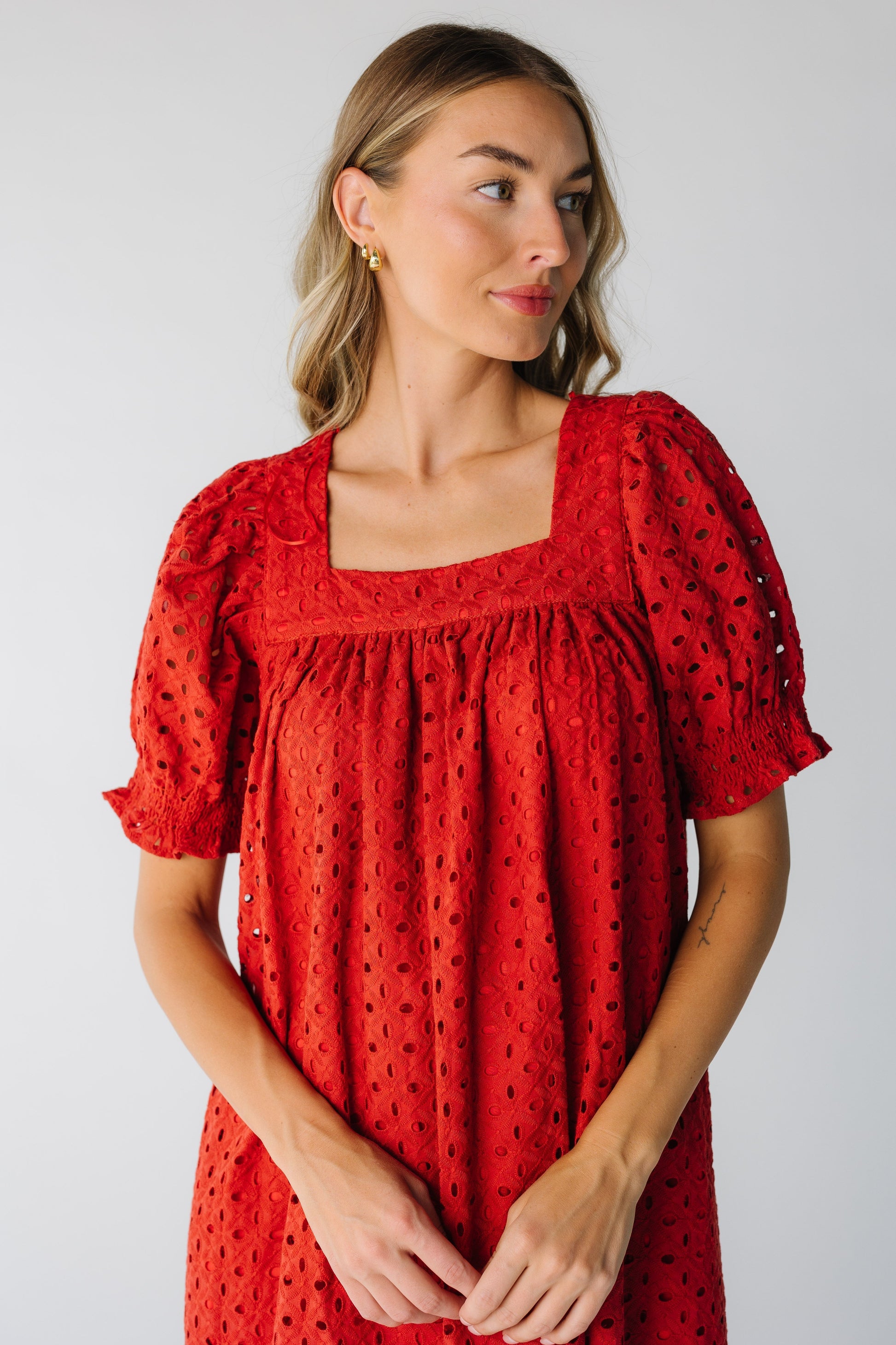 Modest women's dress with square neckline and short sleeves