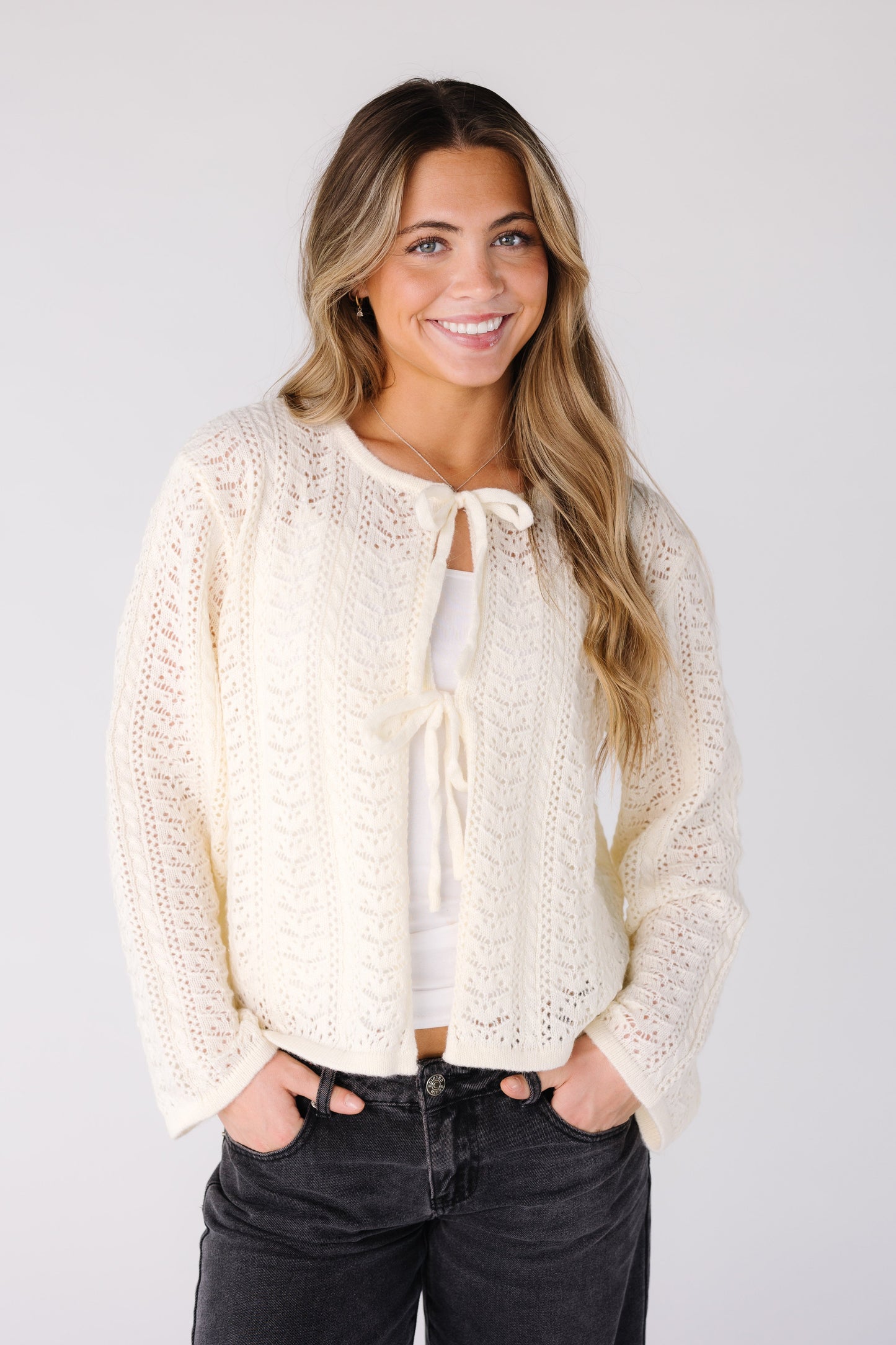 Modest cream lace cardigan with long sleeves
