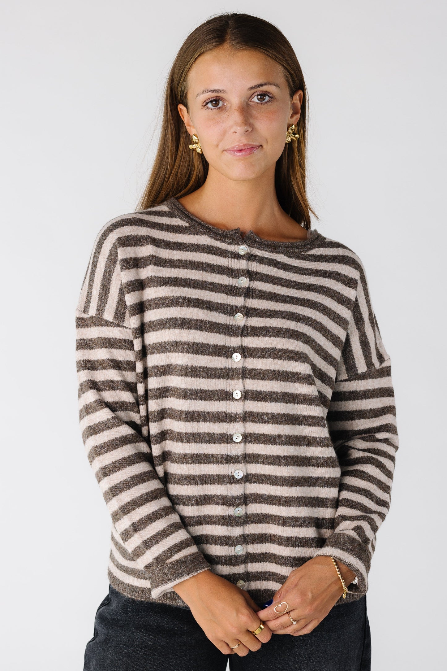 Modest women and teens mocha stripe button down cardigan in mocha stripe
