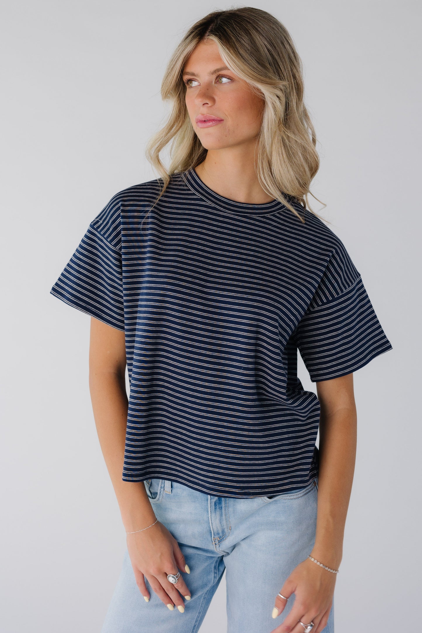 Modest navy stripe tee with crew neckline and short sleeves