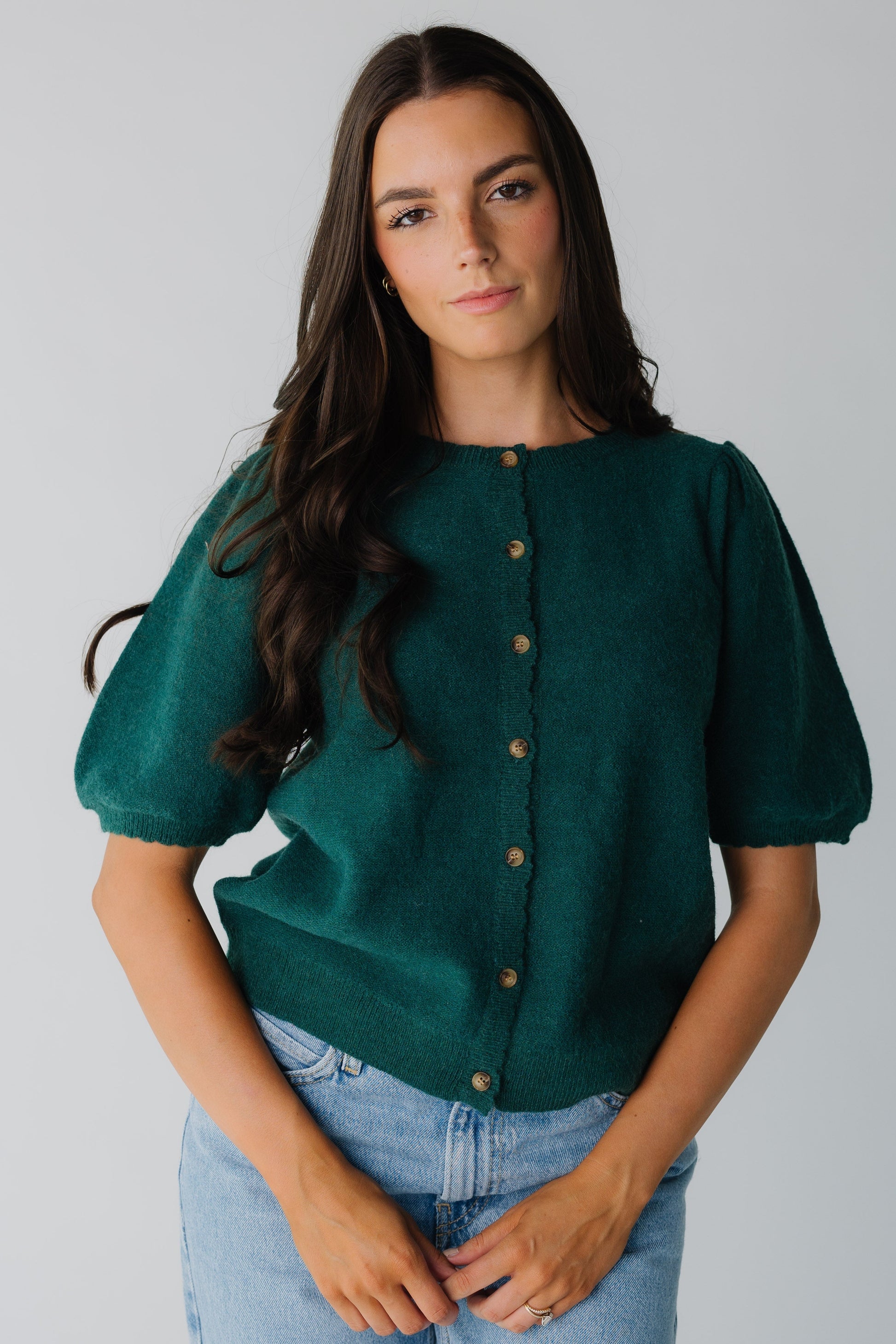 Forest green button down cardigan with scallop hems