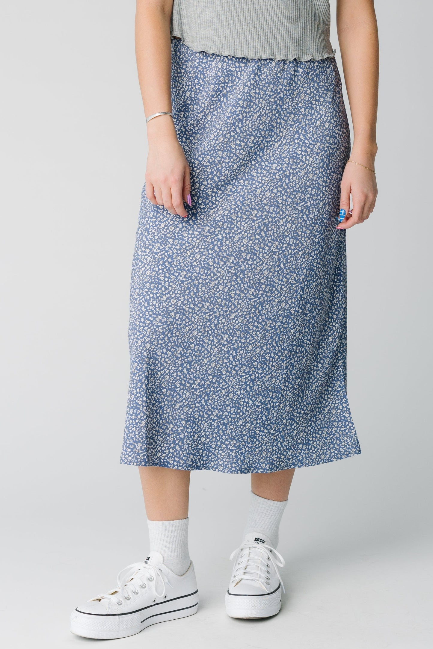 Dusty blue patterned midi skirt