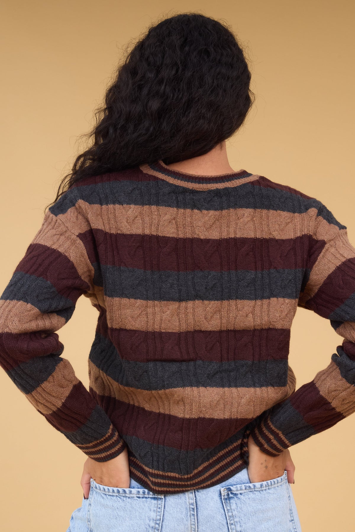 Back view of a woman wearing a cable knit & stripe sweater with long sleeves.