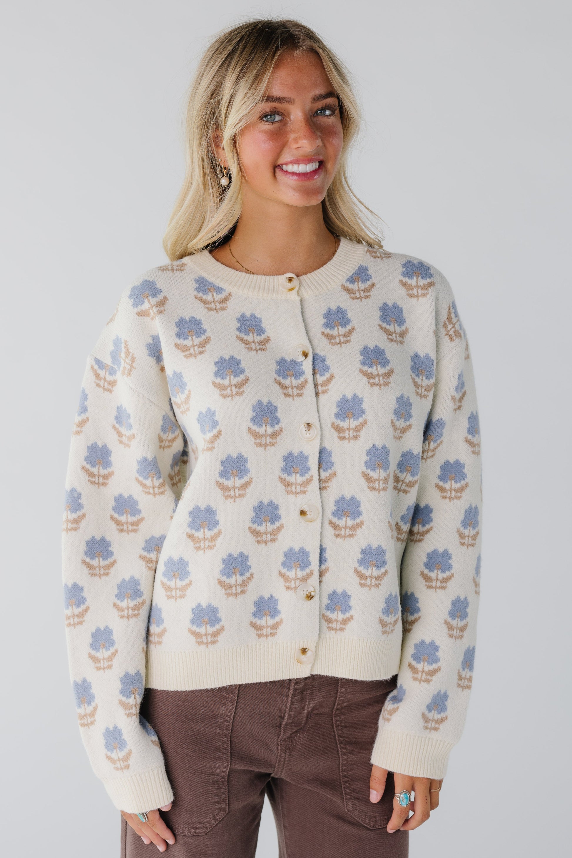 Modest modest cream and blue button cardigan with crew neckline and long sleeves