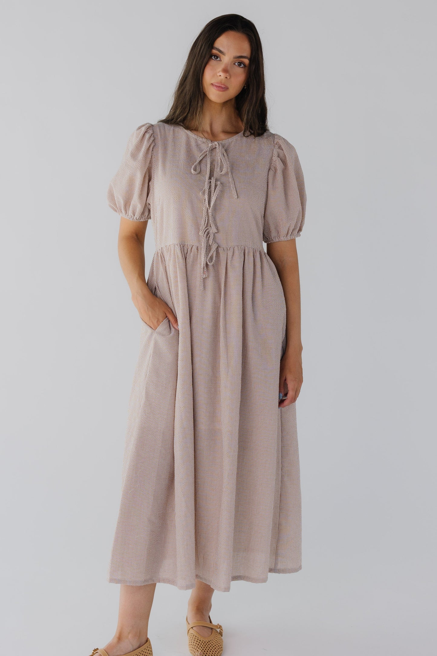 Modest brown gingham midi with front bodice ties and short puff sleeves