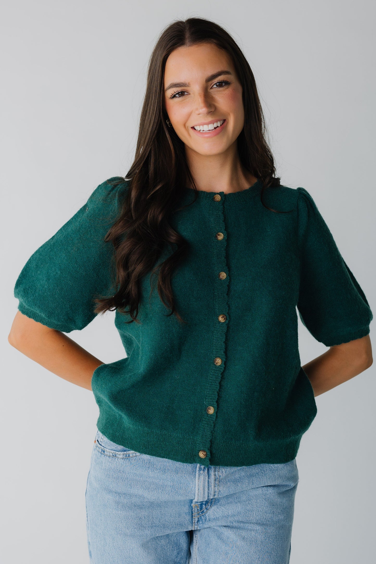 Darla Puff Sleeve Cardigan for women in forest green
