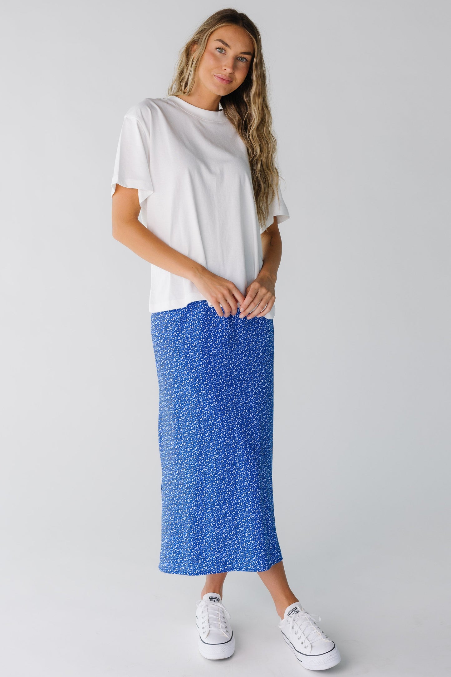 Brass & Roe The Freedom Skirt in blue and white floral print