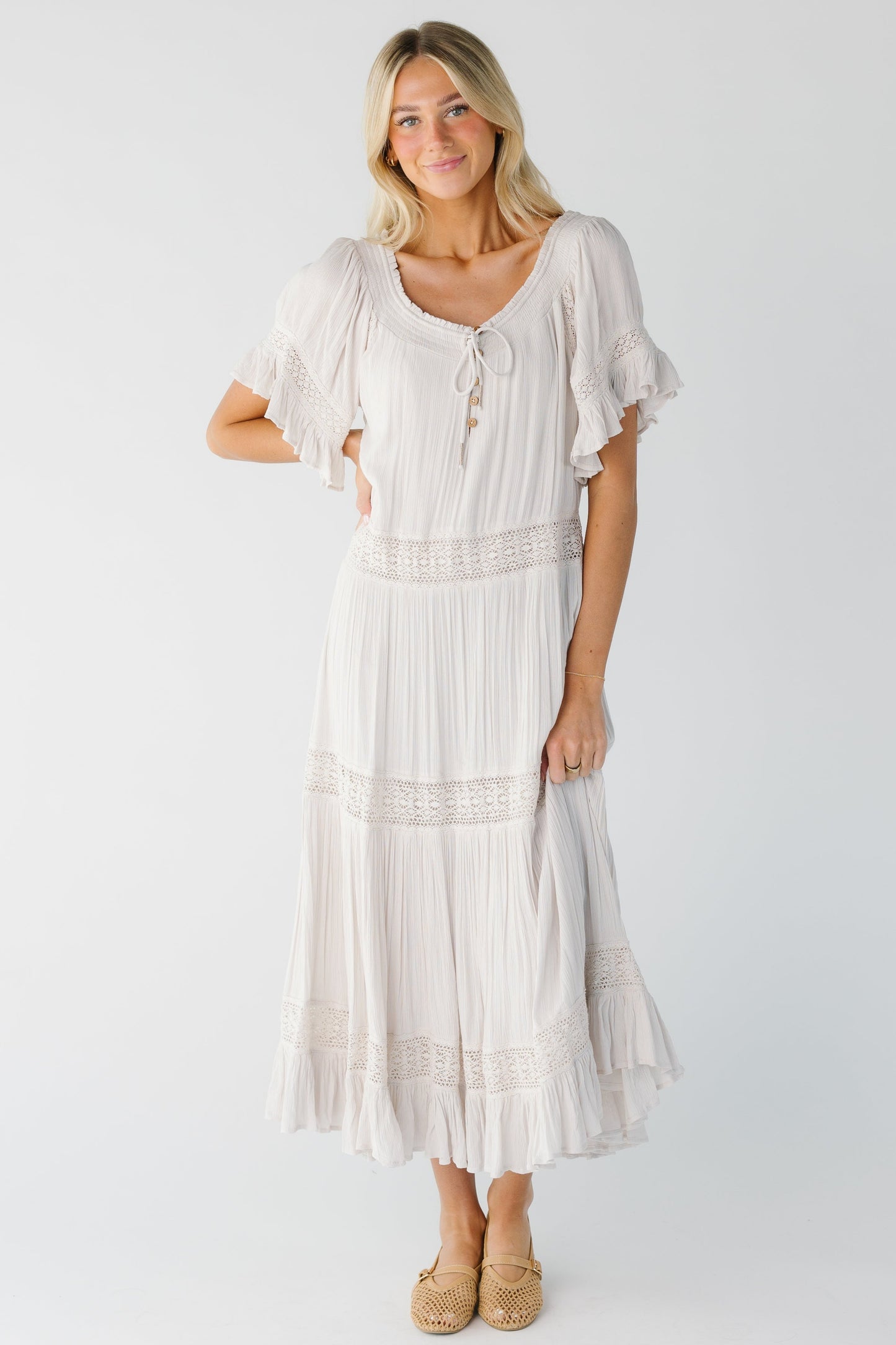 Off white midi with wide lace insets and flutter sleeves