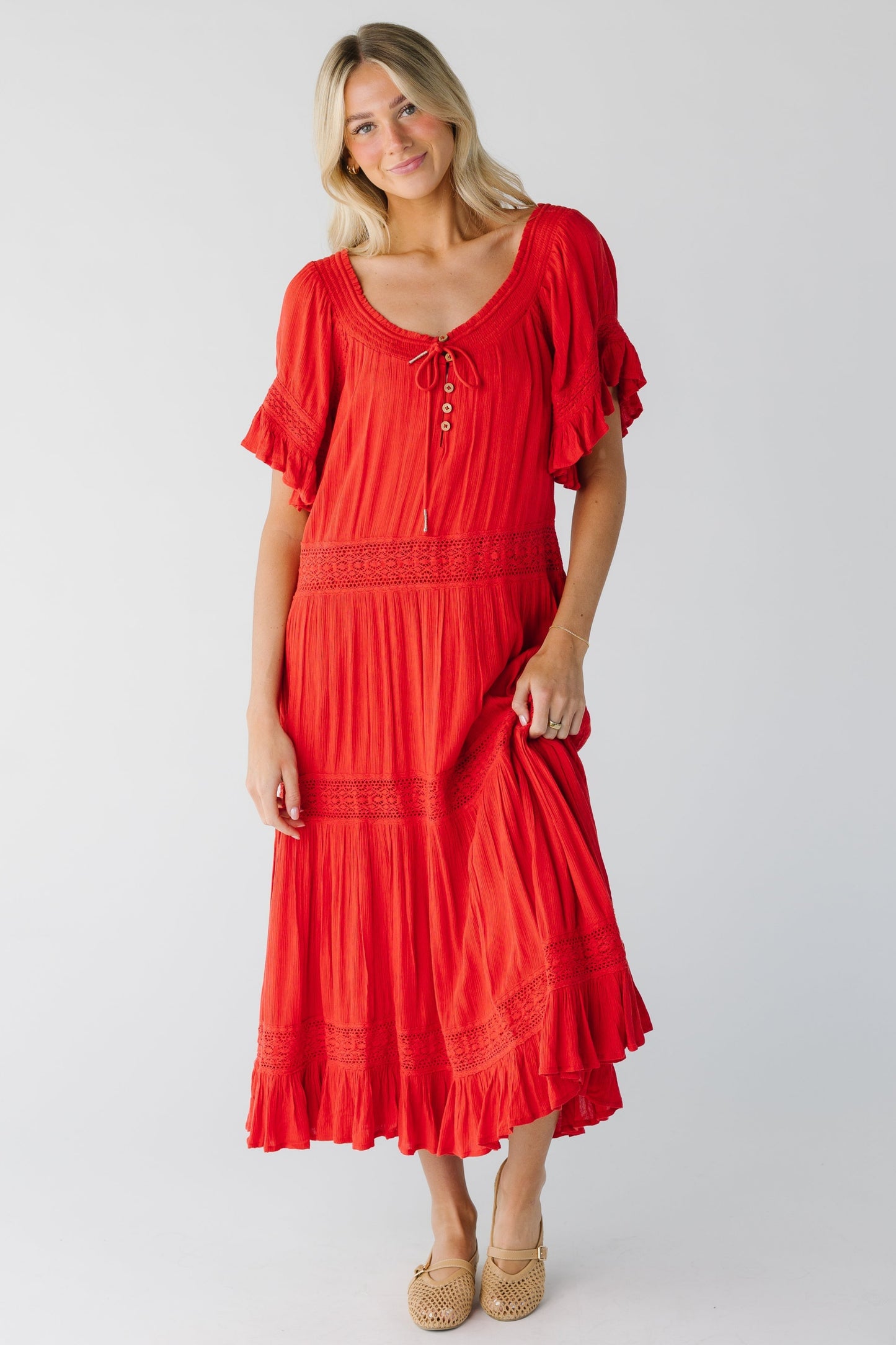 Loose fitting red gauzy midi dress
