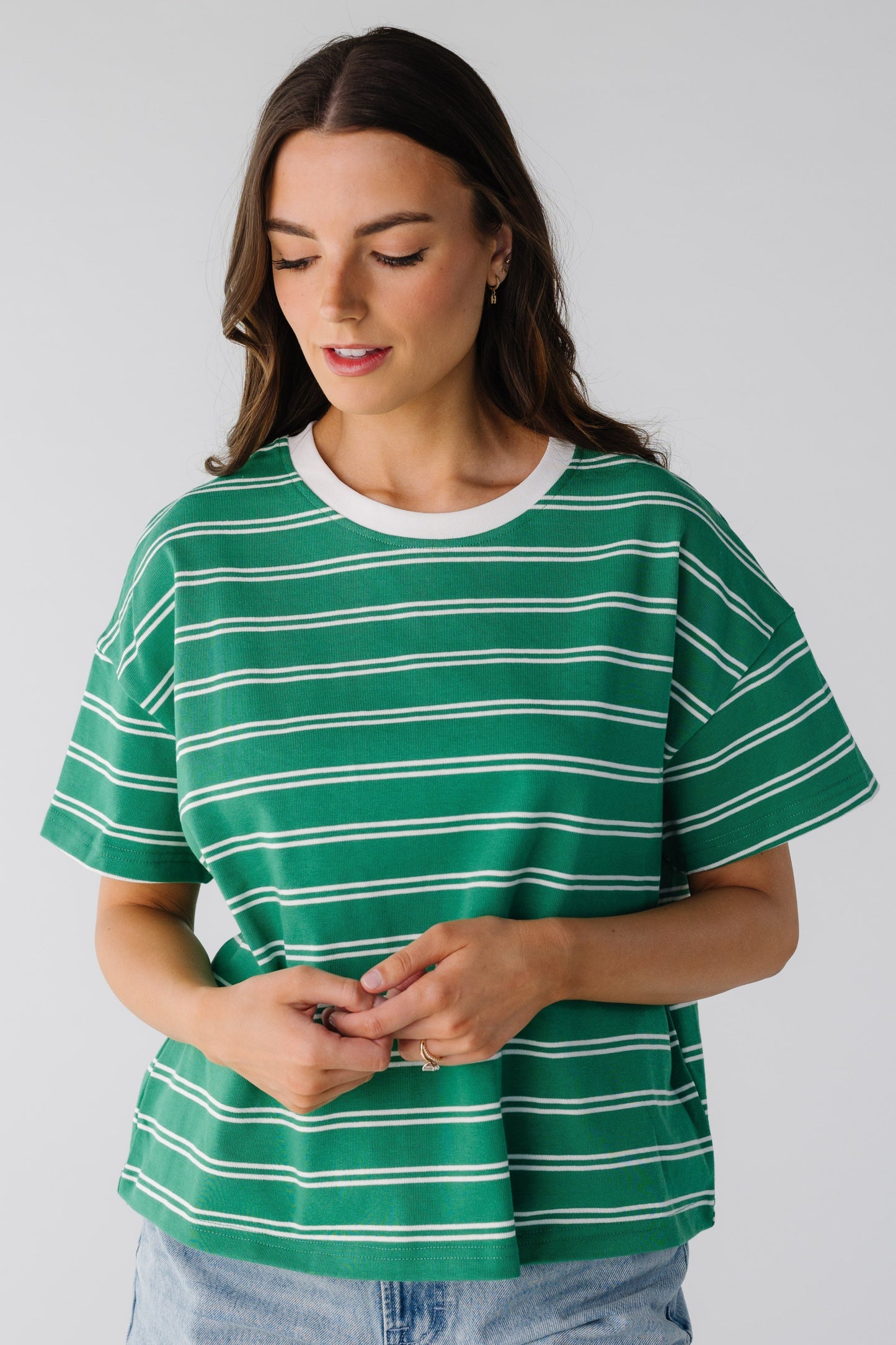 Green and white stripe tee with white ribbing