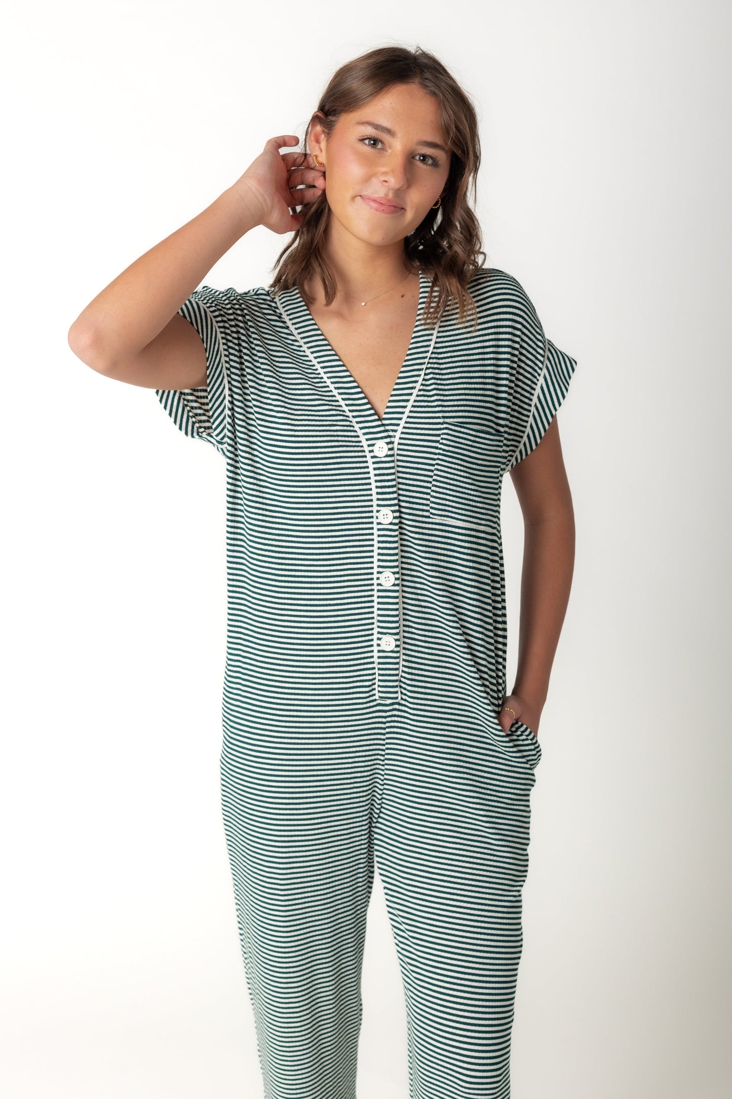 Short sleeve pajama with V-neckline and front button placket