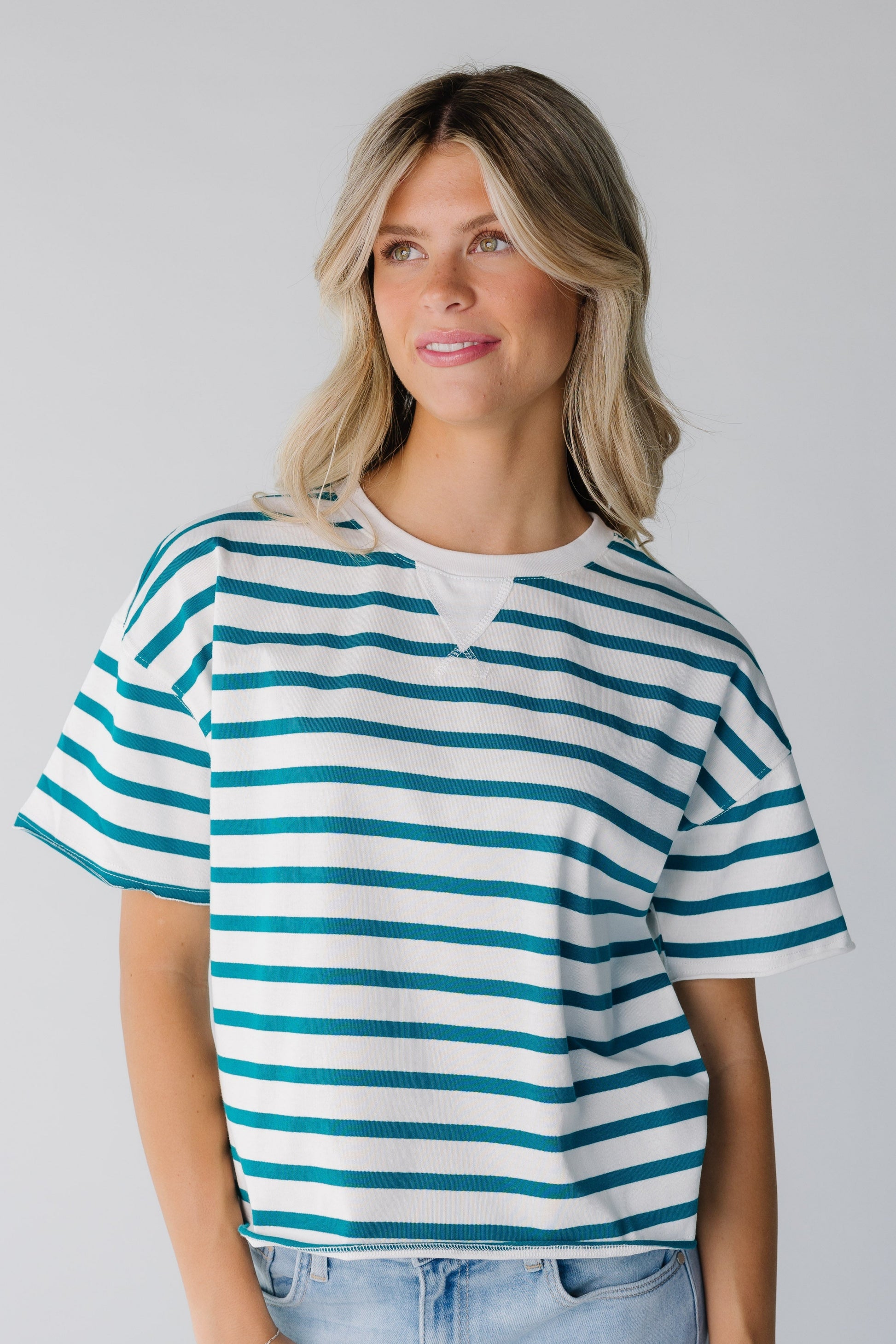 Modest green stripe tee with short sleeves