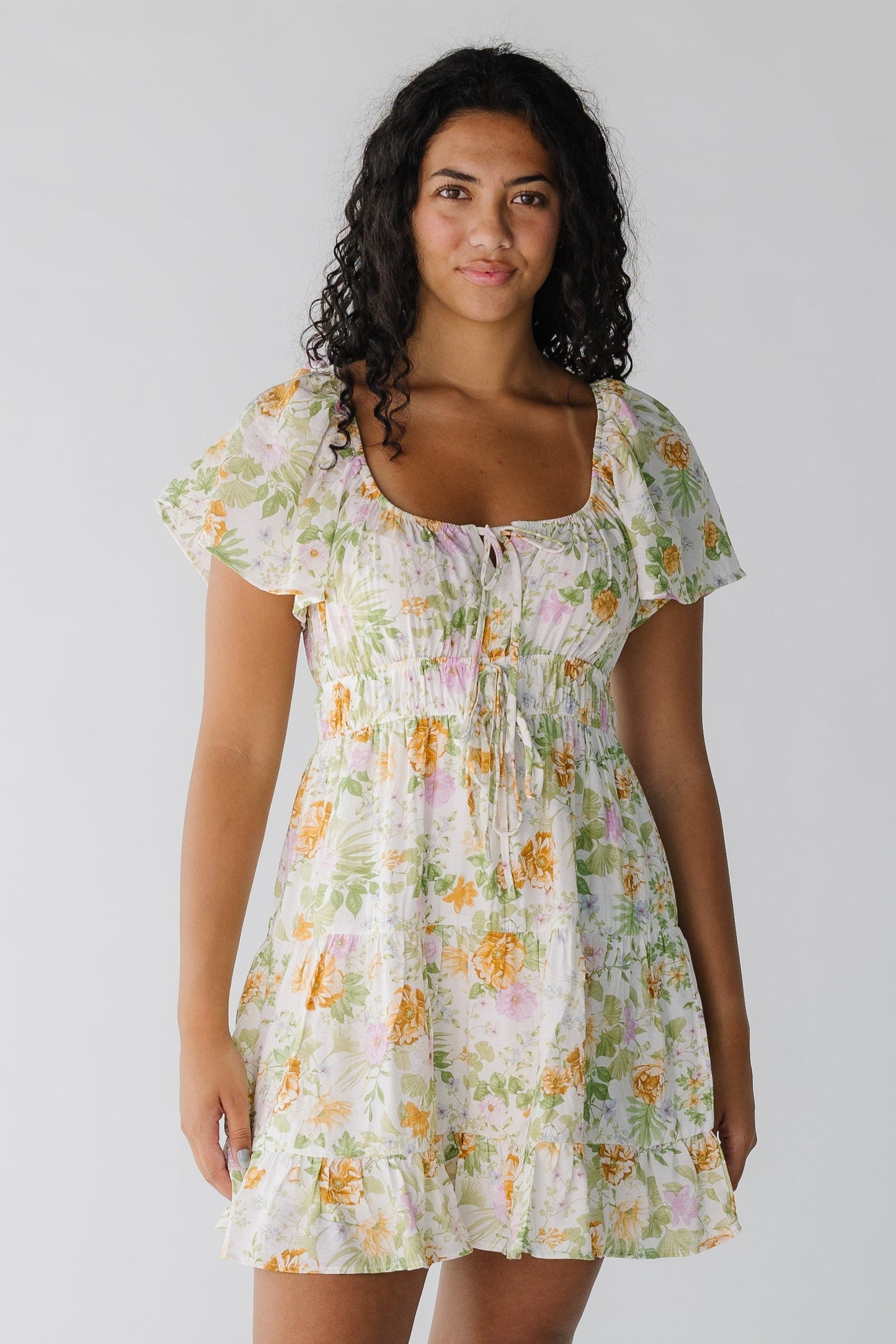 Robyn Tiered Mini Dress in Ivory floral print