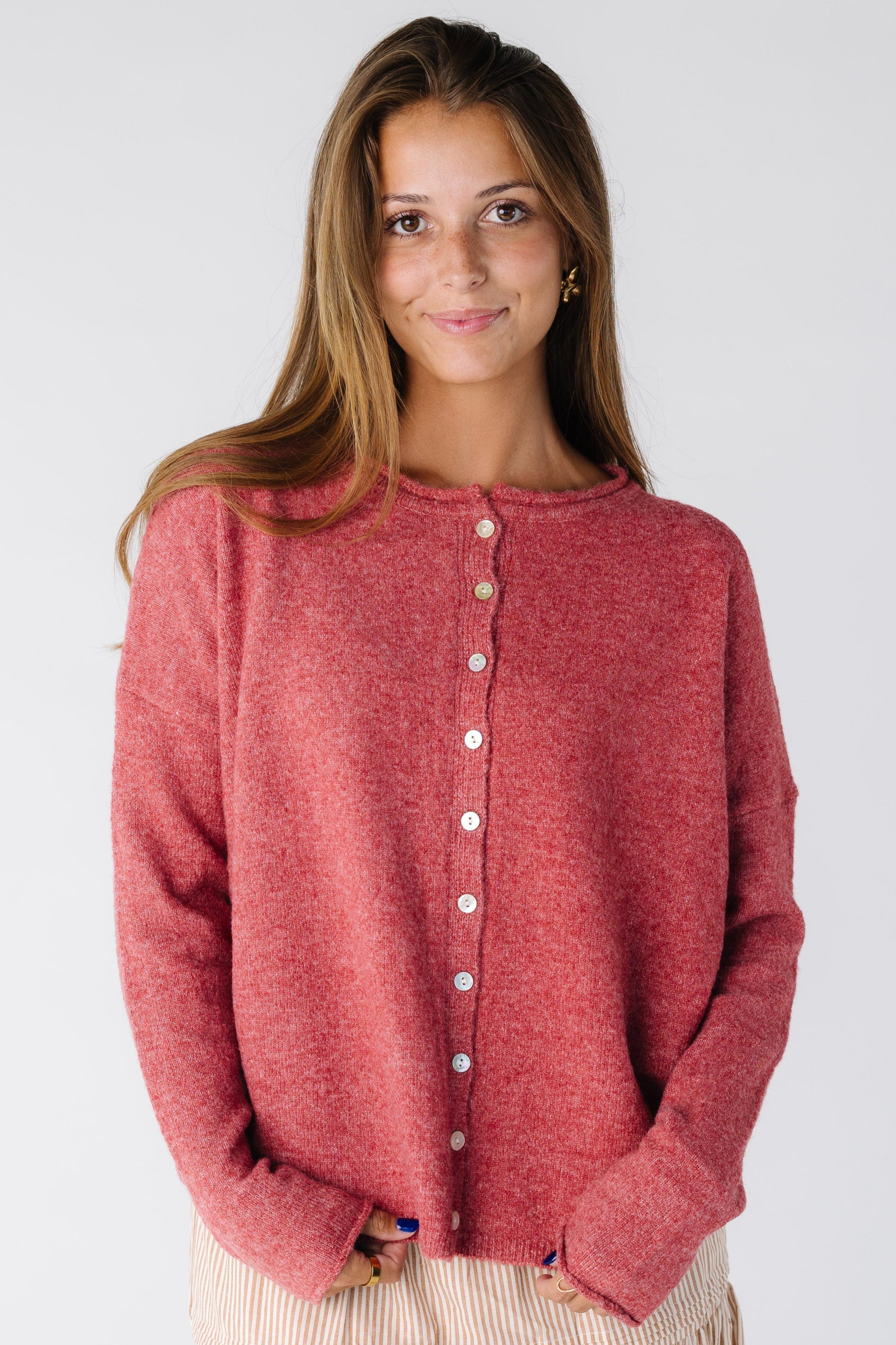 Modest women and teens button down cardigan with rolled hems in berry
