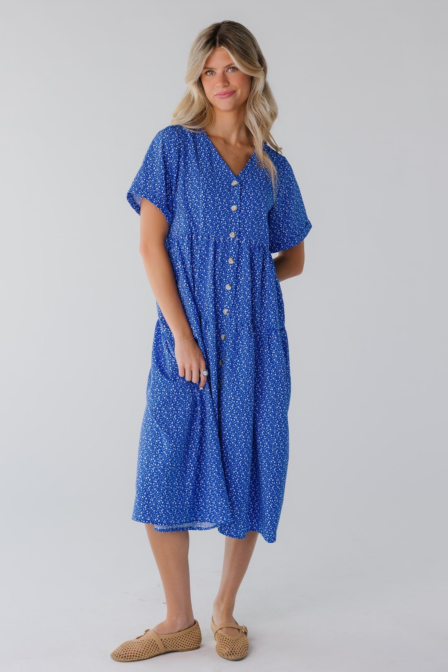 Bright blue button down midi