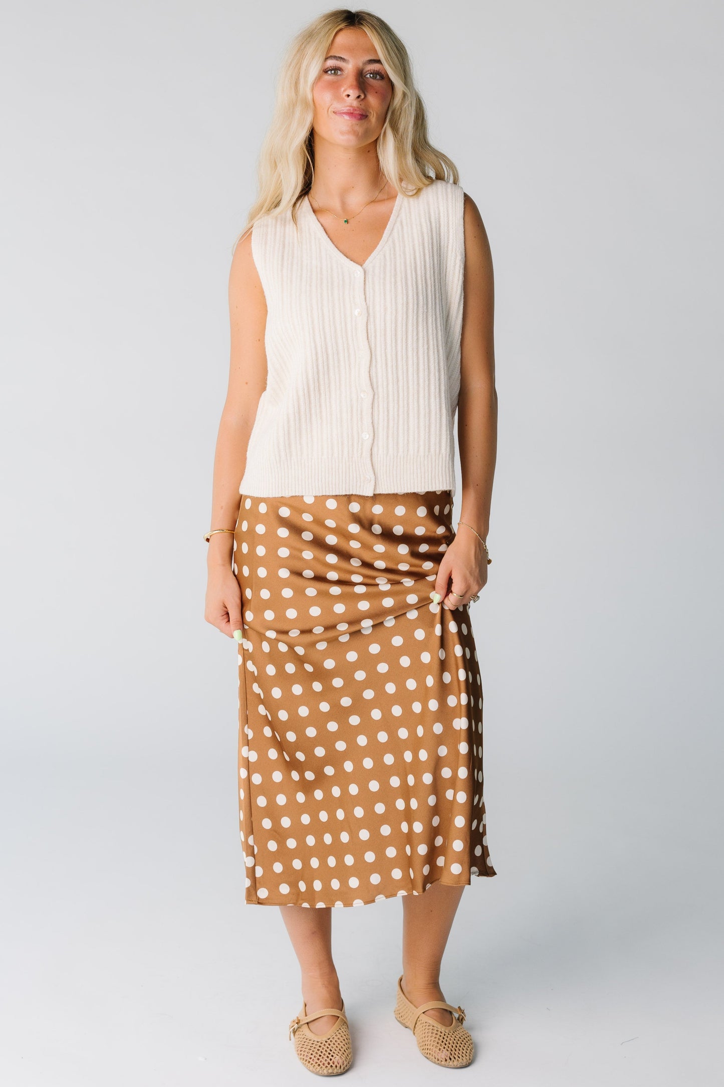 Modest women's brown polka dot A-line skirt