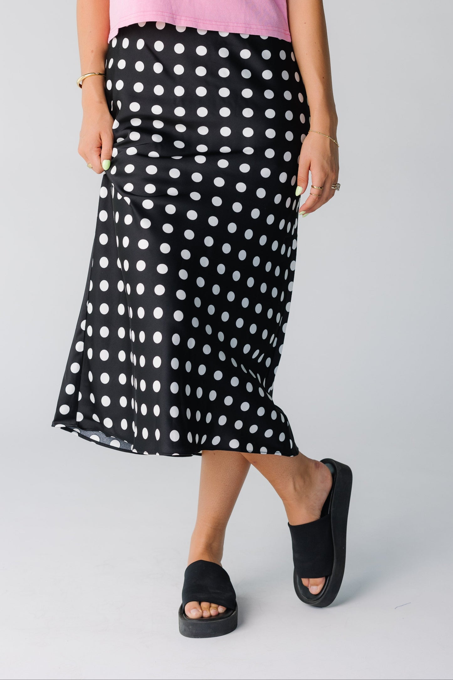 Modest black and white polka dot midi skirt