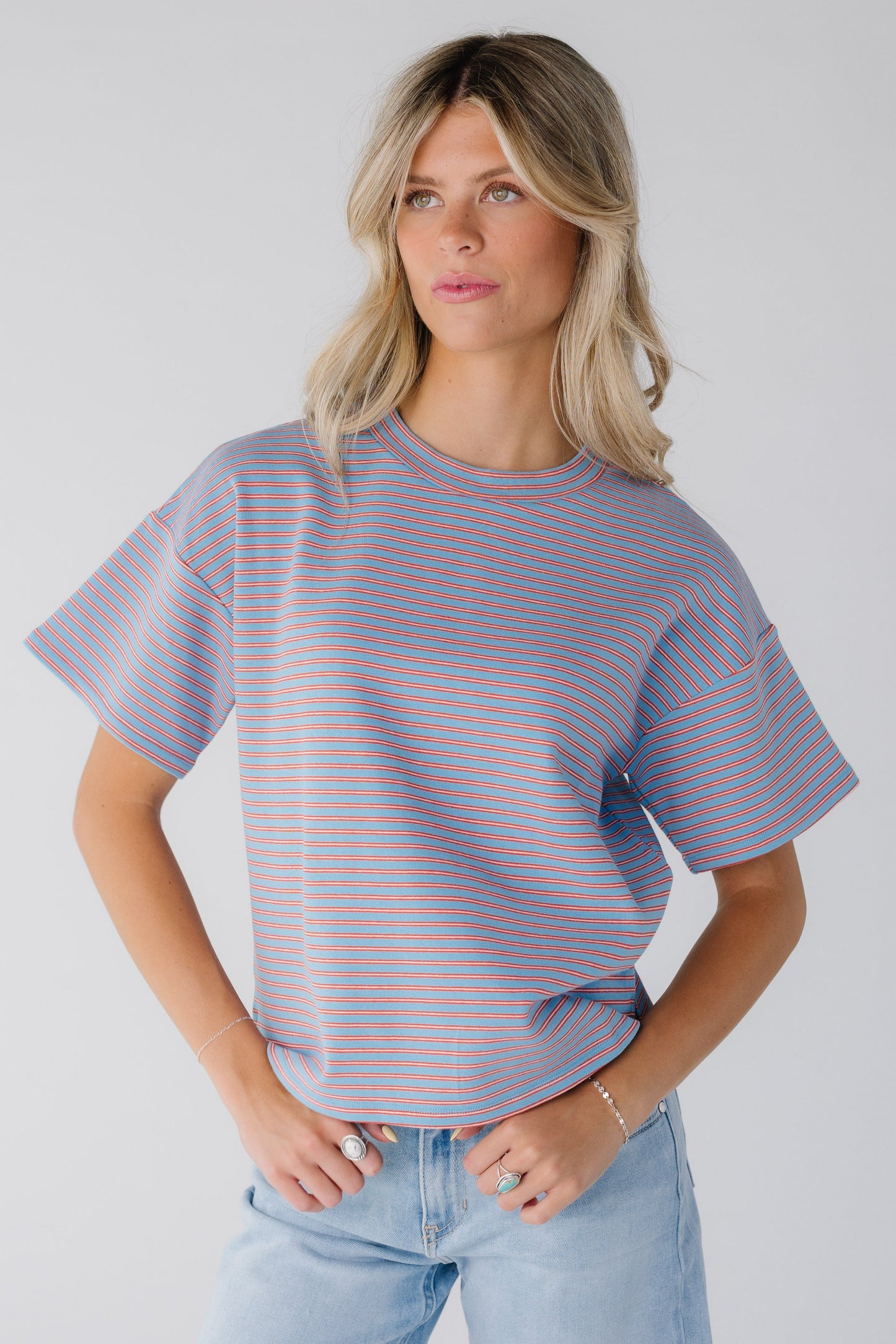 Modest crew neck tee with short sleeves in light blue