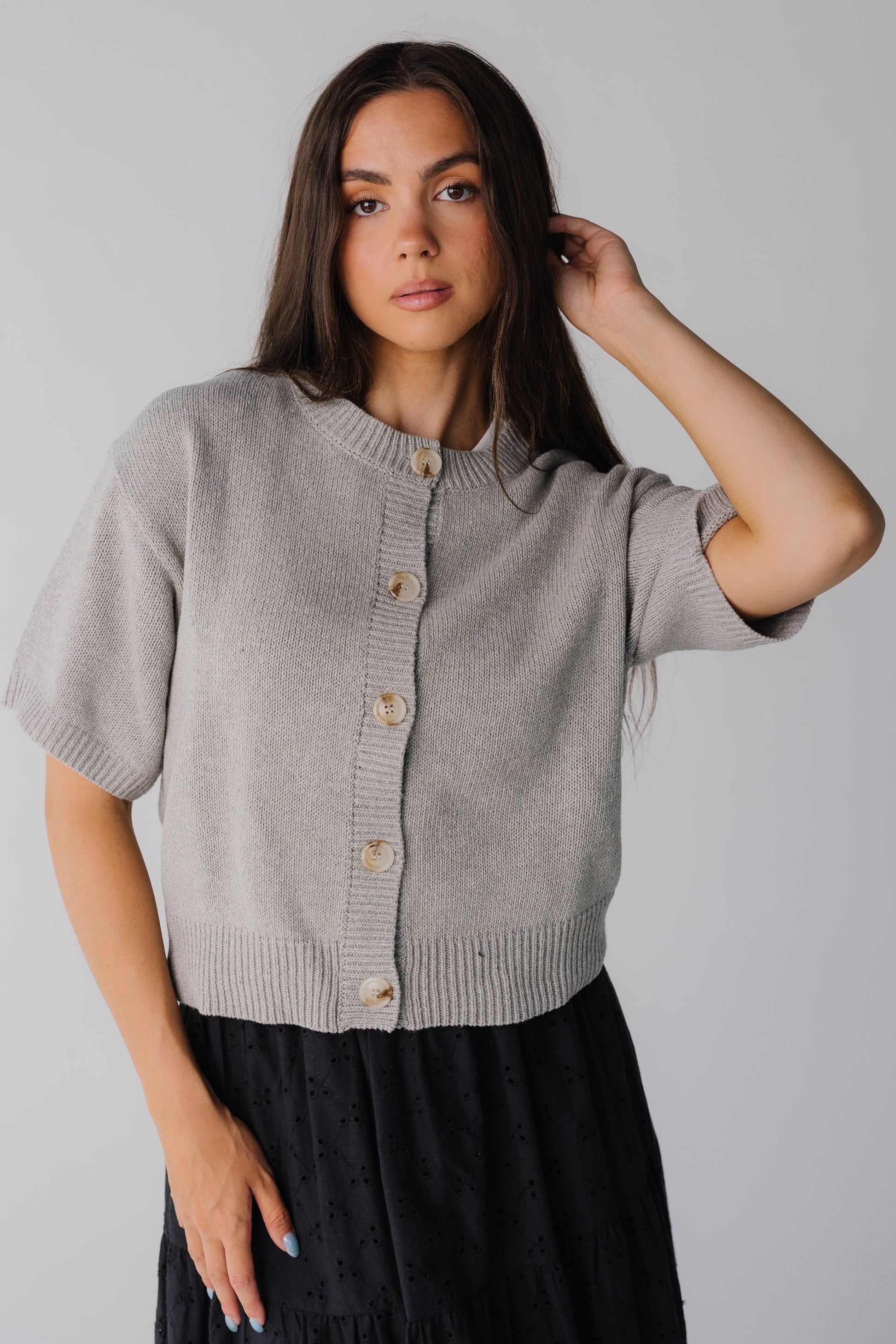 Modest heather grey cardigan with crew neckline and elbow length sleves