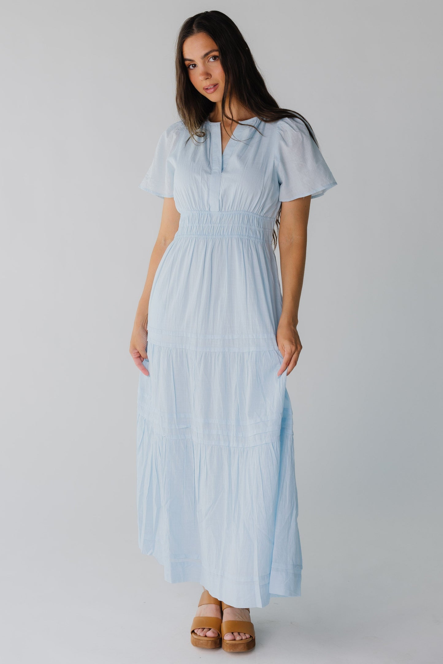 Light blue flutter sleeve dress with wide elastic waist