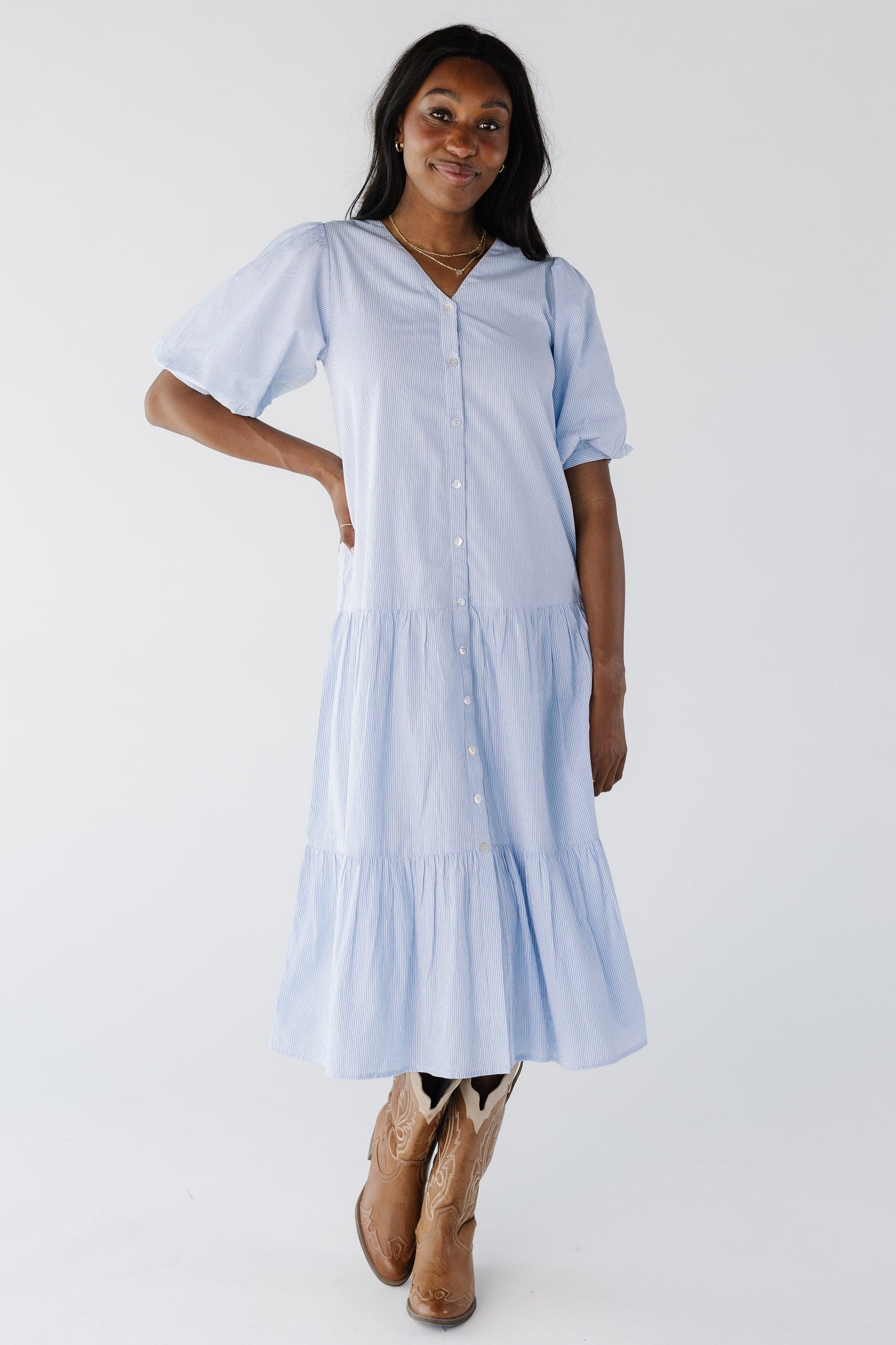 Blue stripe midi with balloon sleeves