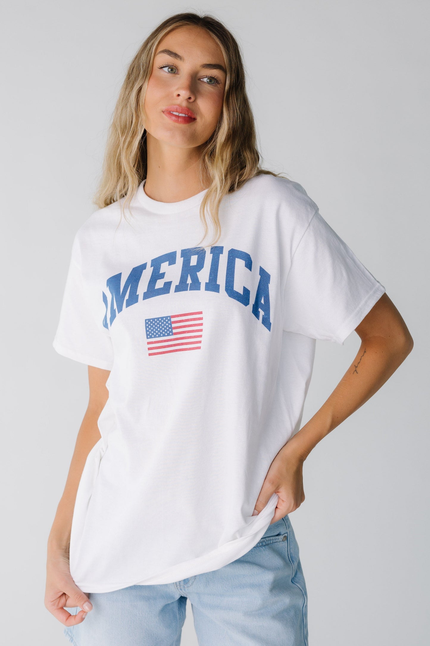 Modest America white tee with crew neckline and short sleeves