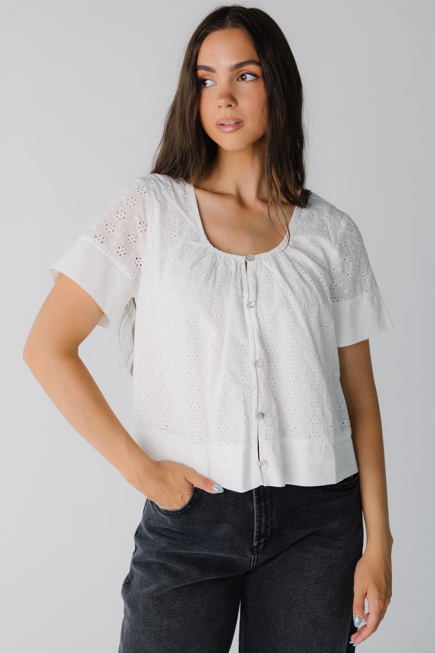 White eyelet button down top