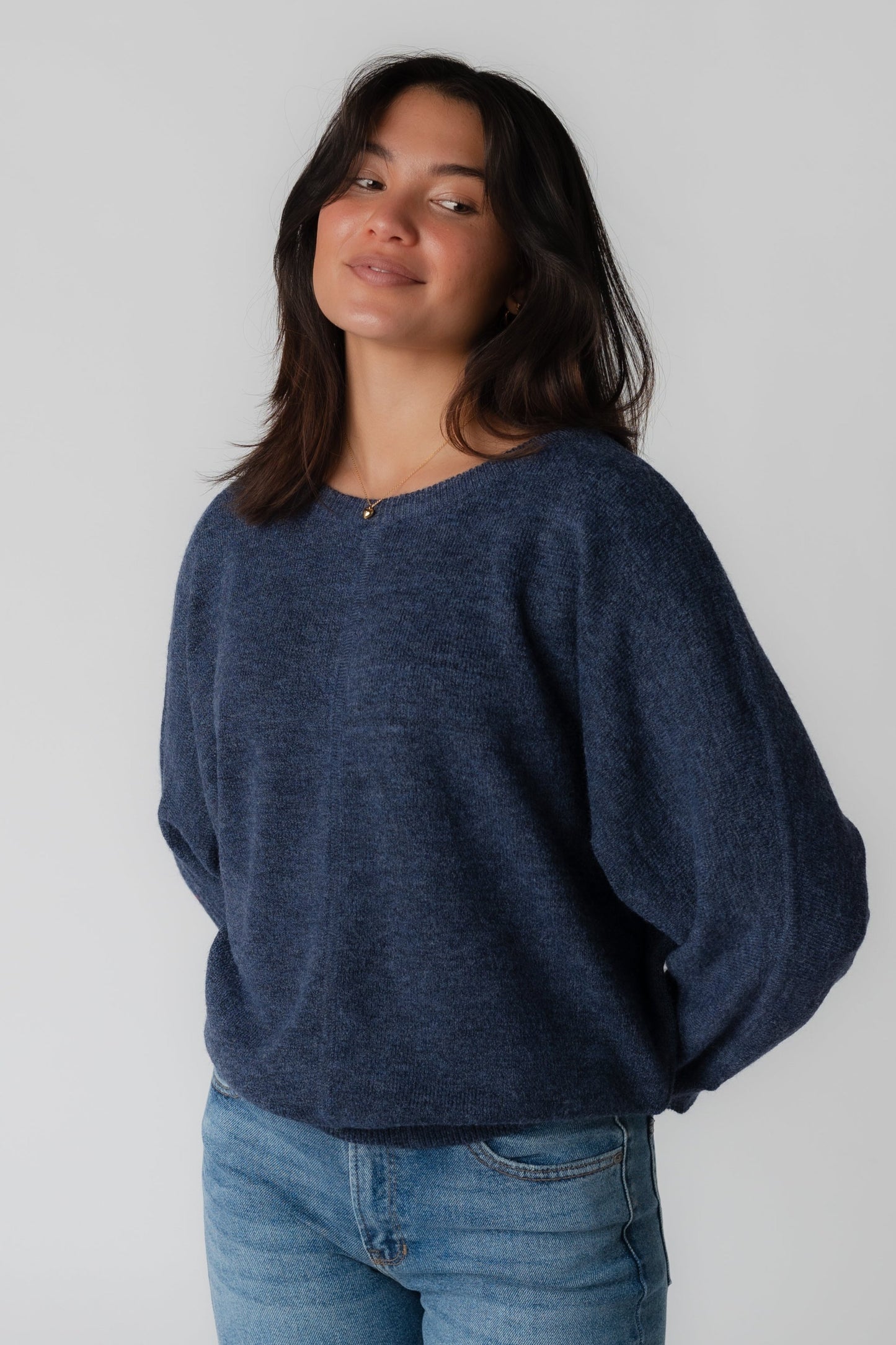 Modest navy high neck sweater with long sleeves
