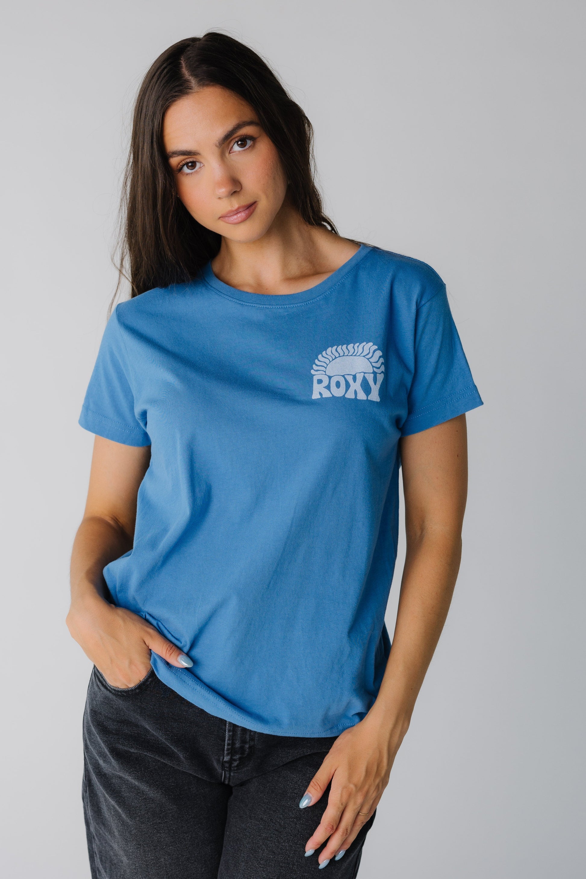 Modest blue Roxy graphic tee with crew neckline  and short sleeves