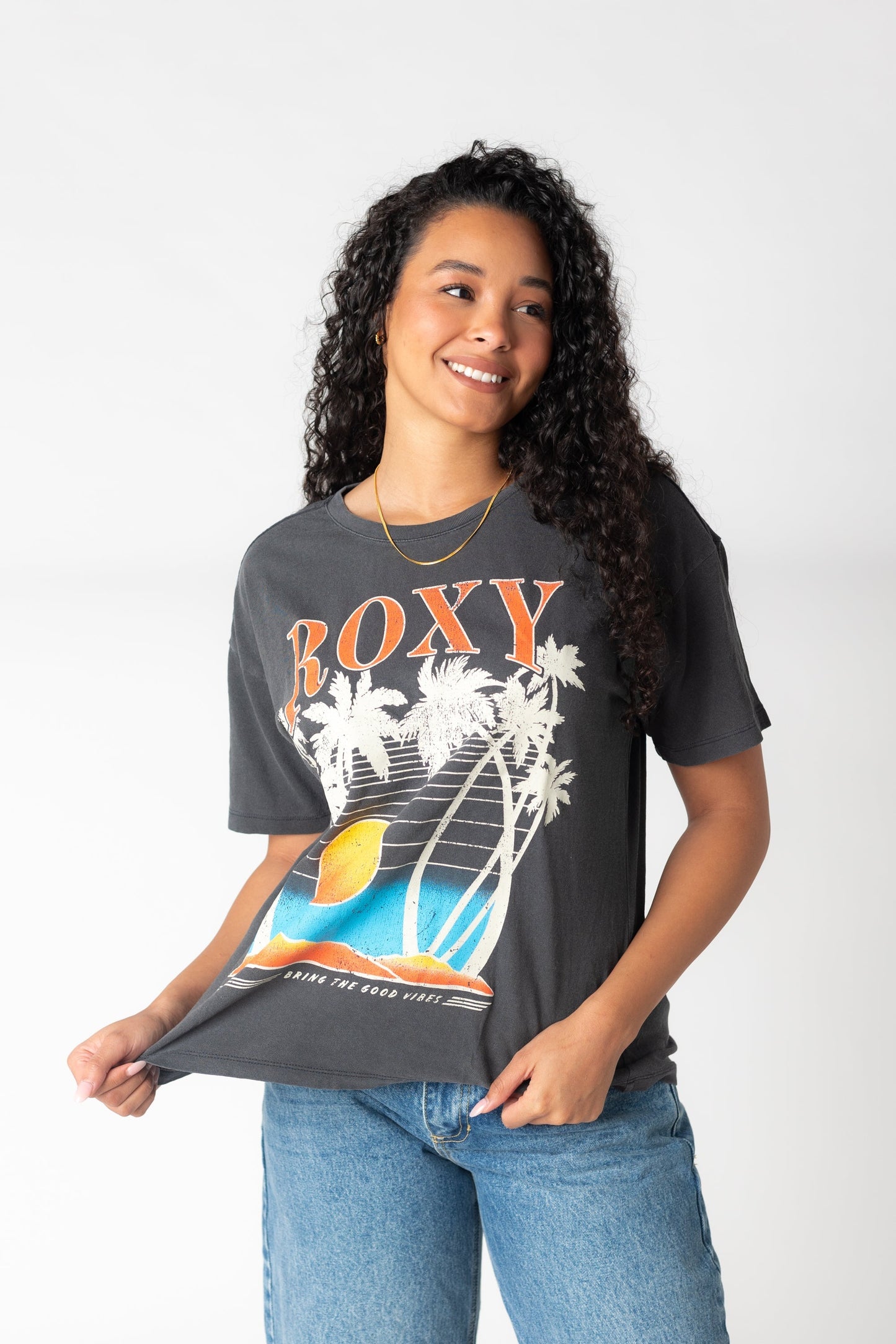 Modest Roxy classic fit tee with large front palm tree graphic ARJZT07908