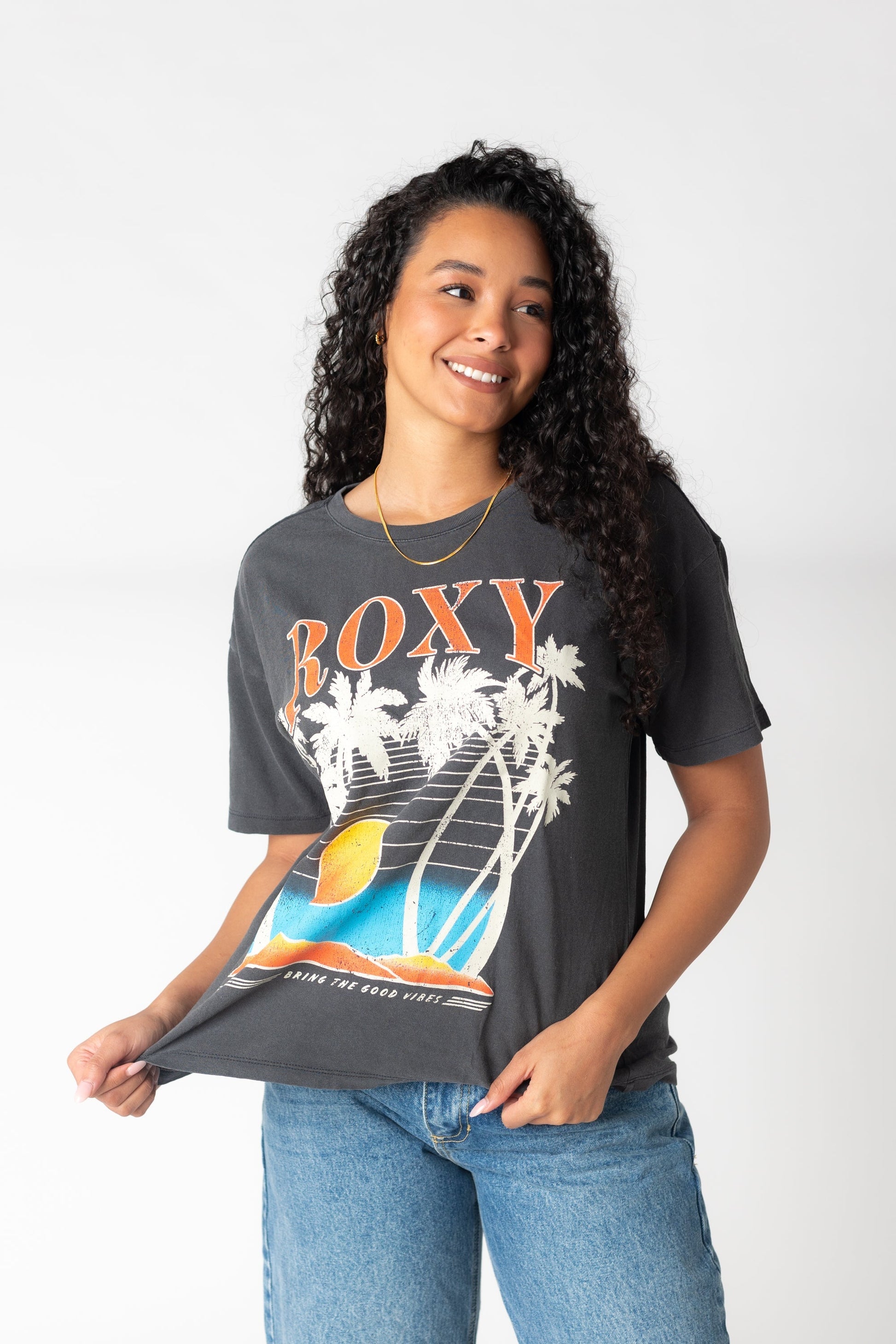 Modest Roxy classic fit tee with large front palm tree graphic ARJZT07908