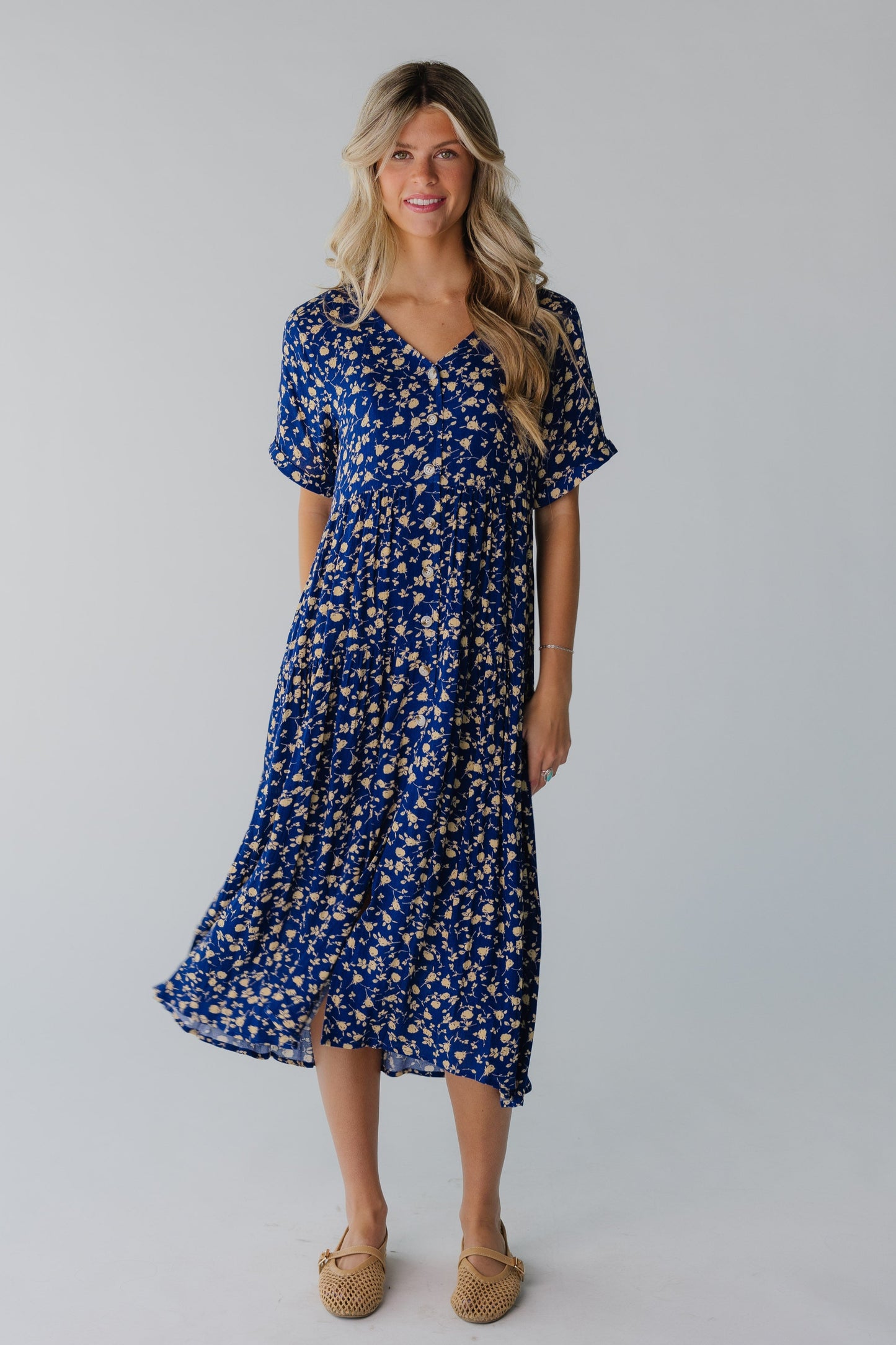 Blue print midi with short sleeves