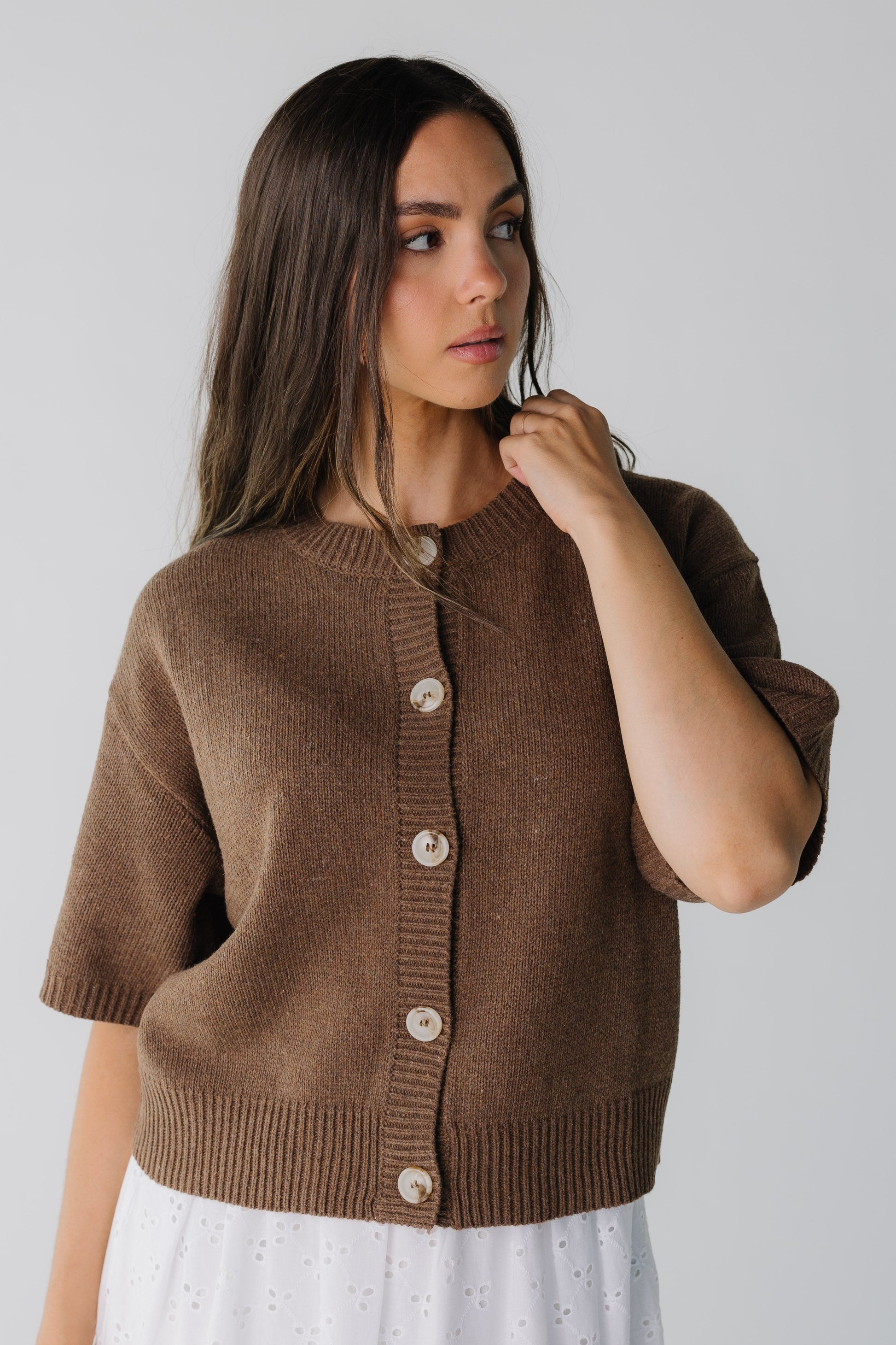 Modest brown cardigan with elbow length sleeves and crew neckline