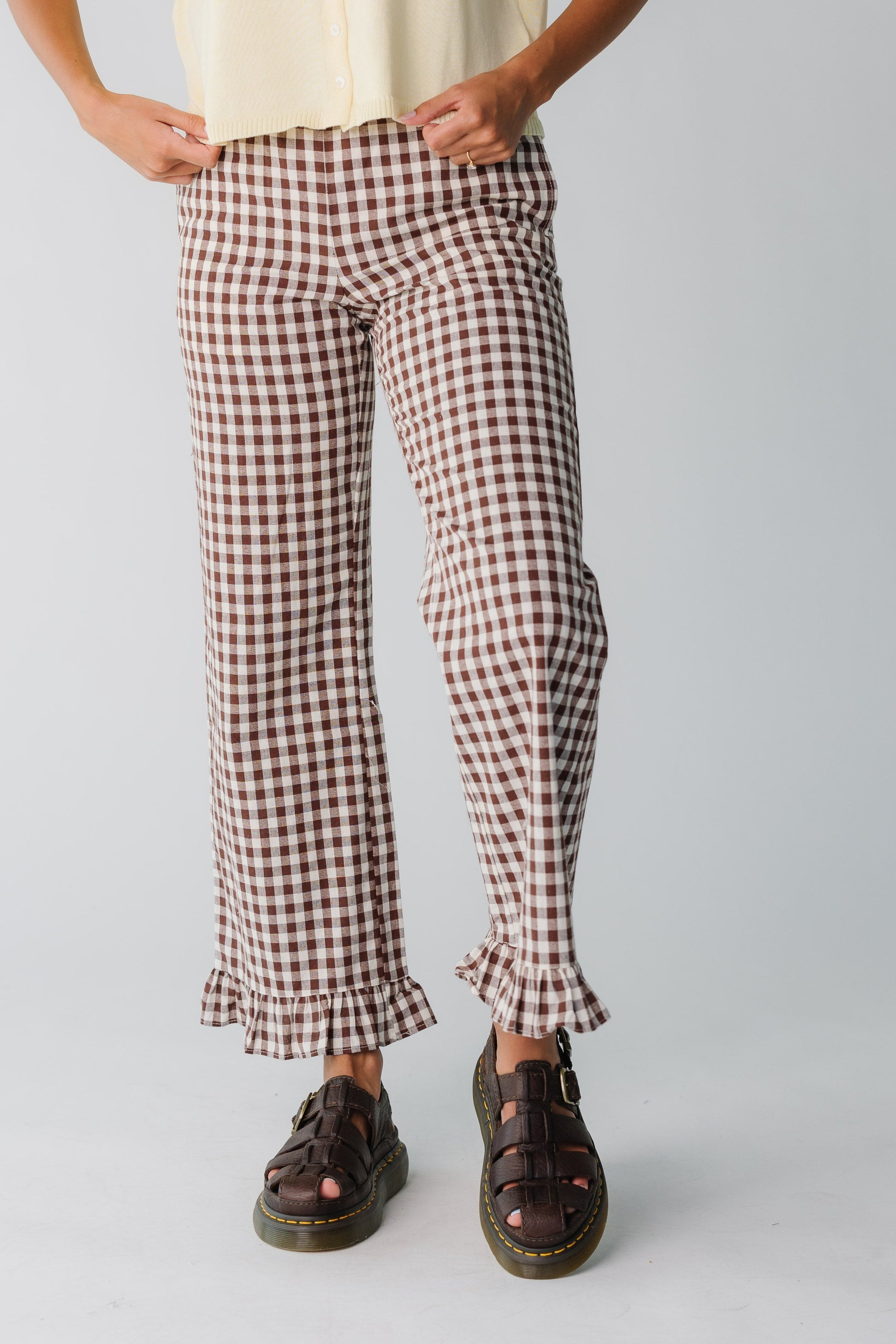 Modest women's brown gingham pant with bottom ruffle