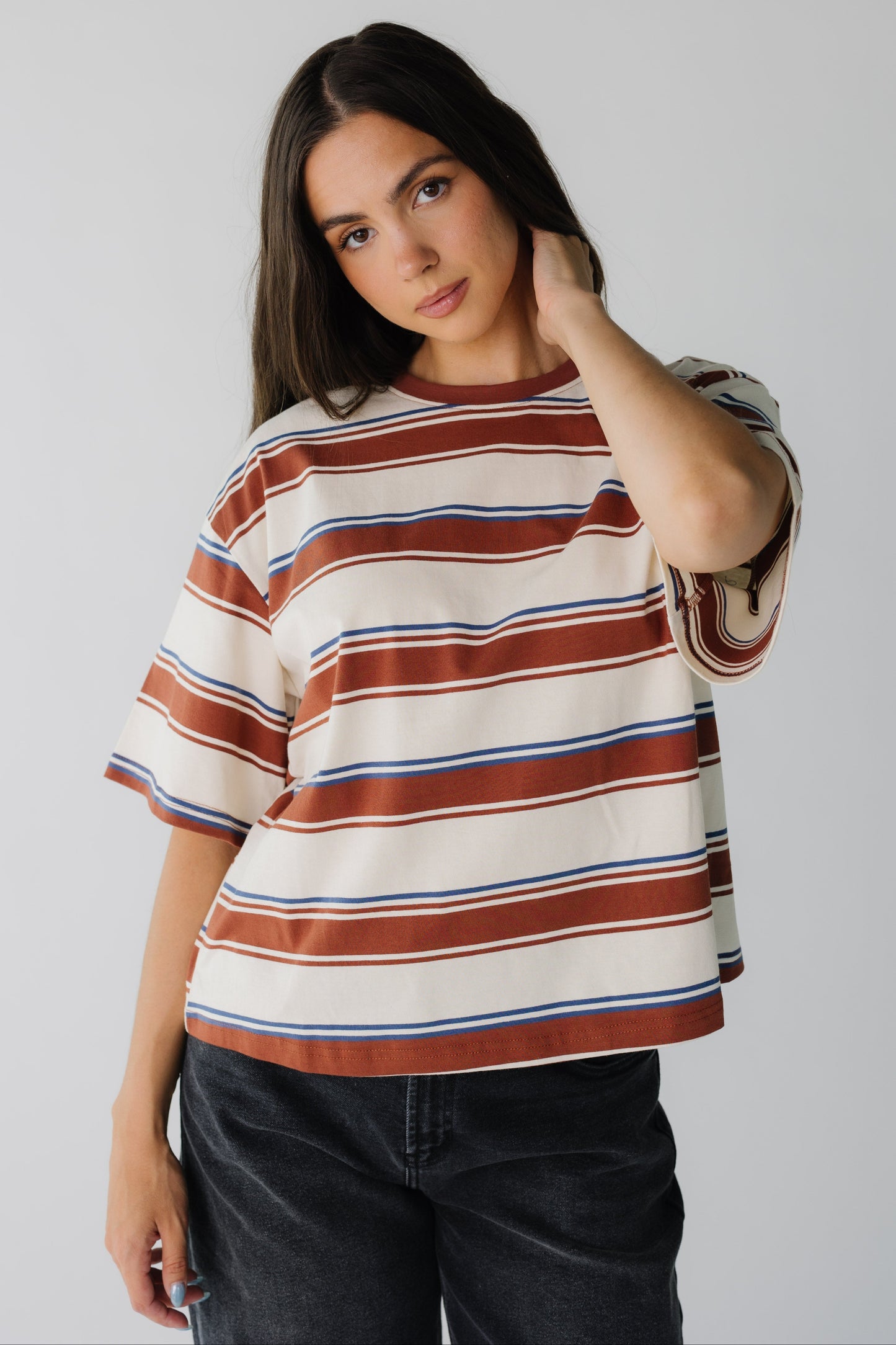 Modest brown stripe tee with crew neckline and short sleeves