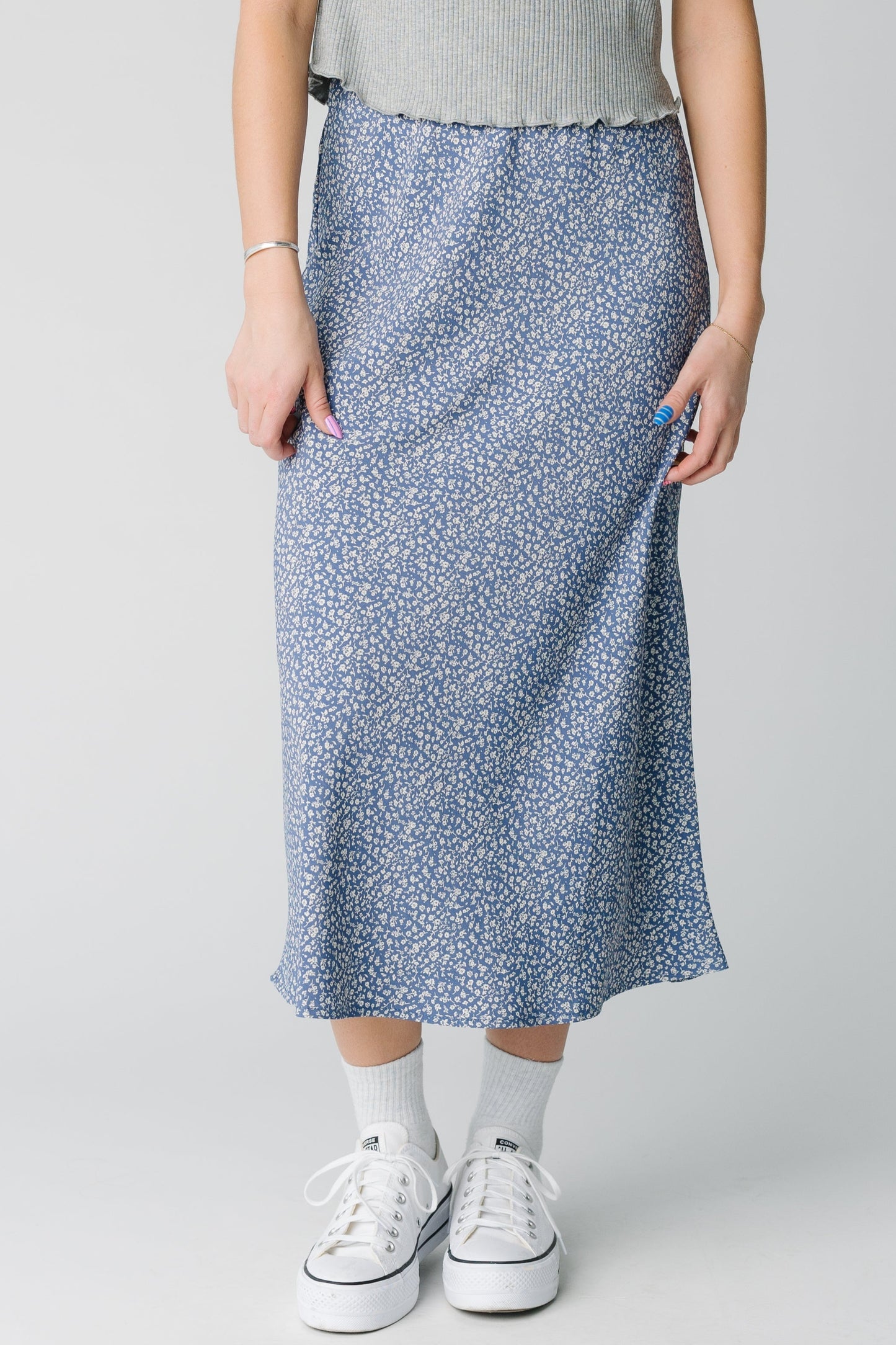 Modest midi skirt in dusty blue and white floral pattern