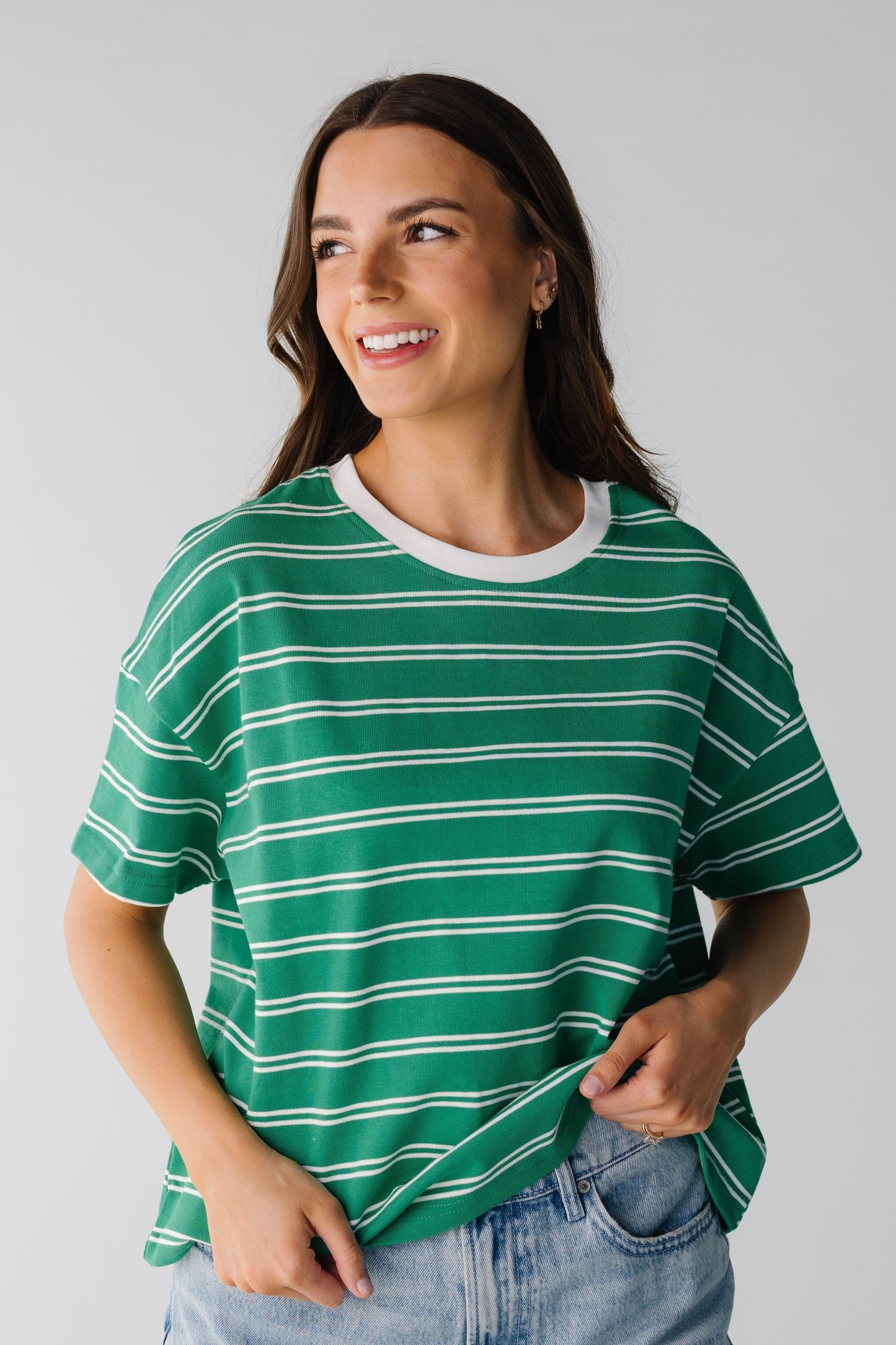 Boxy cut stripe tee in green and white