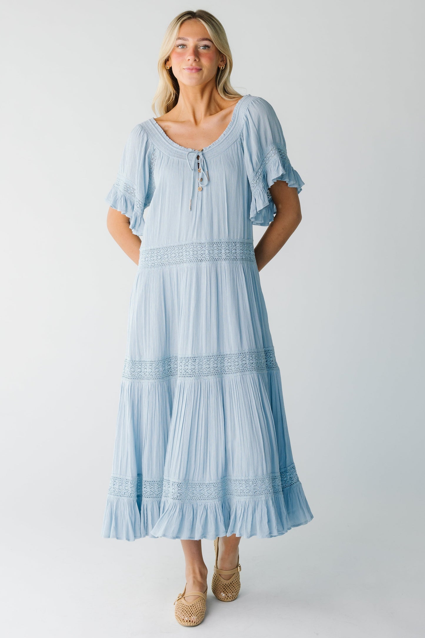 Loose fitting blue midi with lace insets