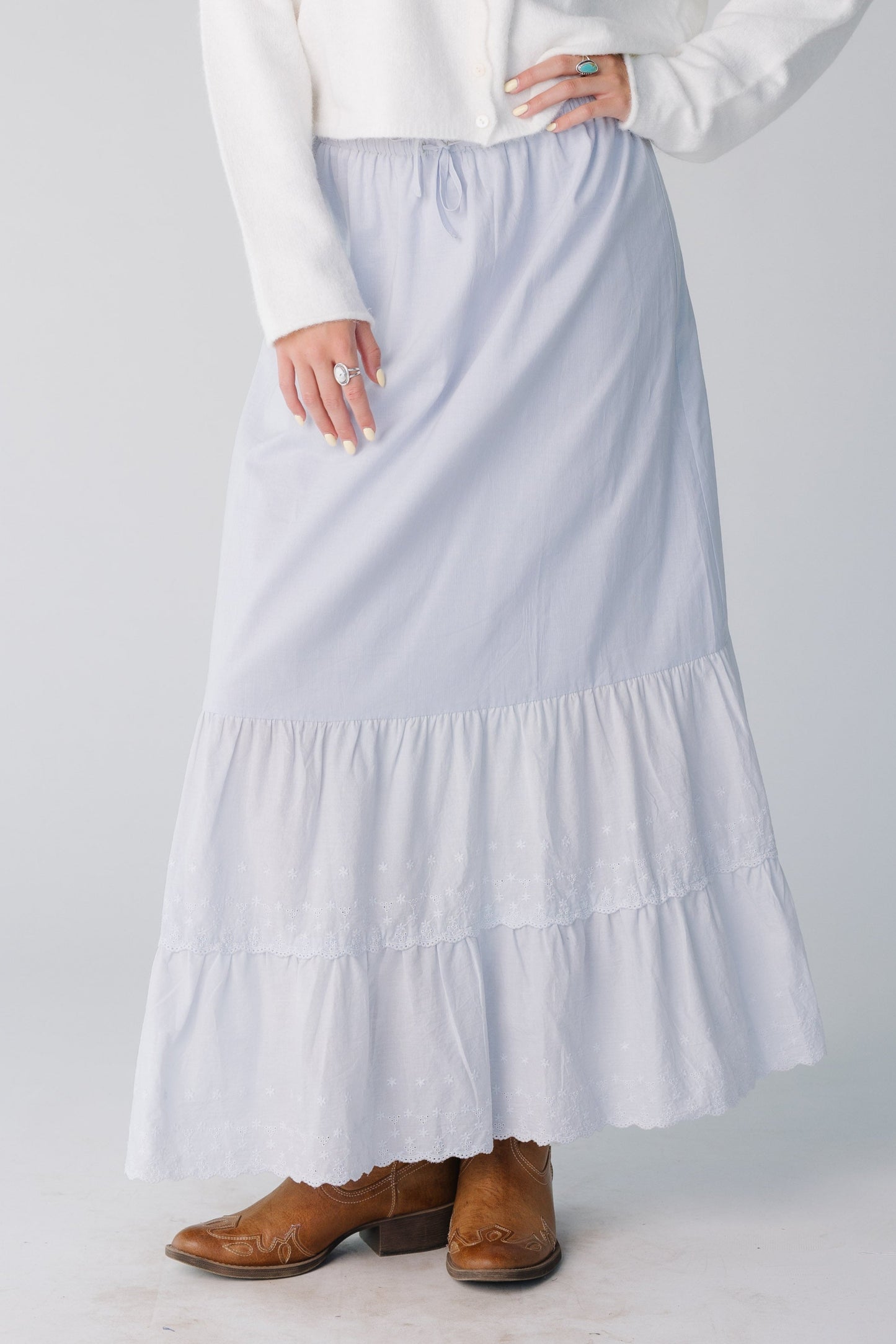 Light blue maxi skirt with eyelet ruffles
