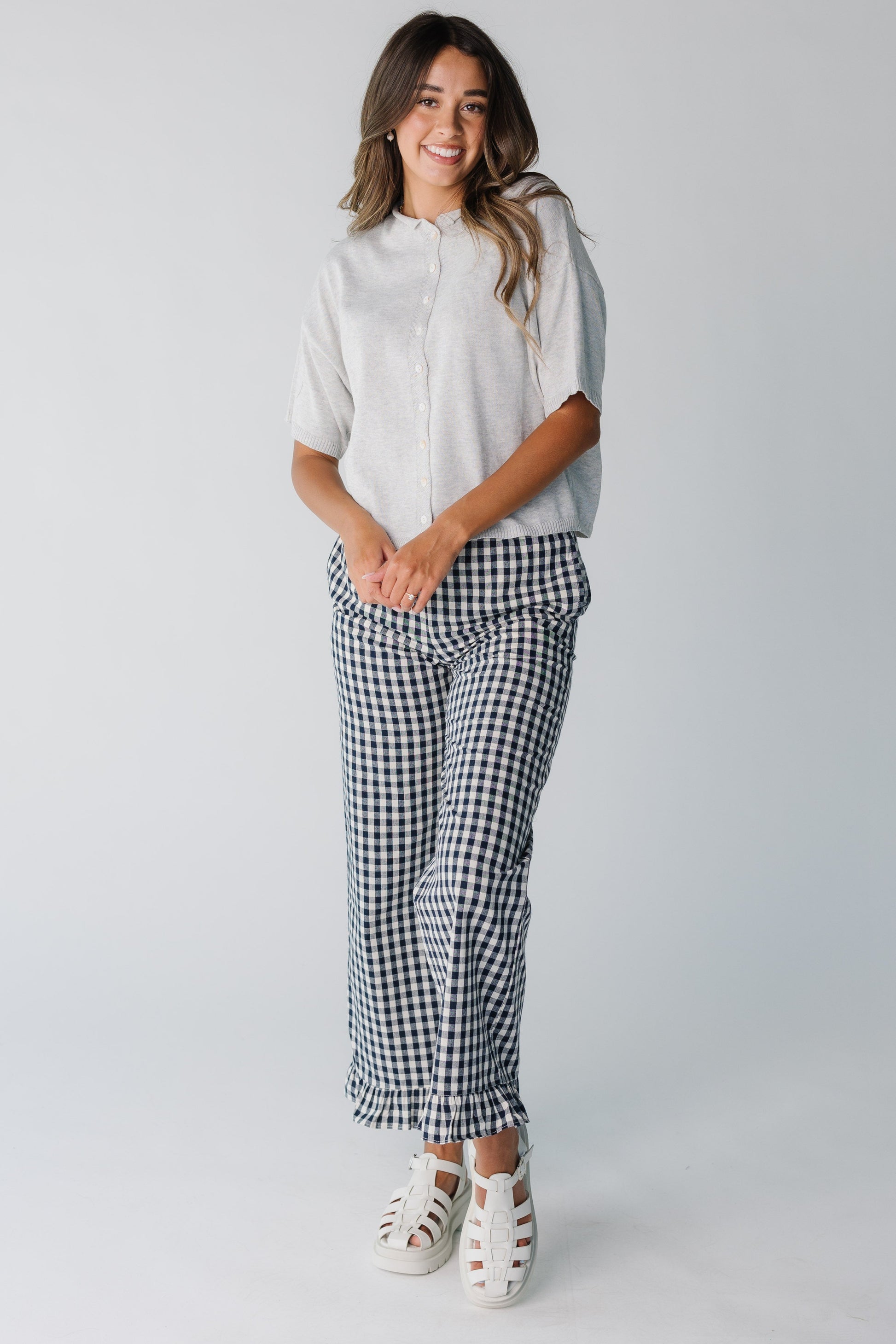 Modest women's navy gingham with wide leg
