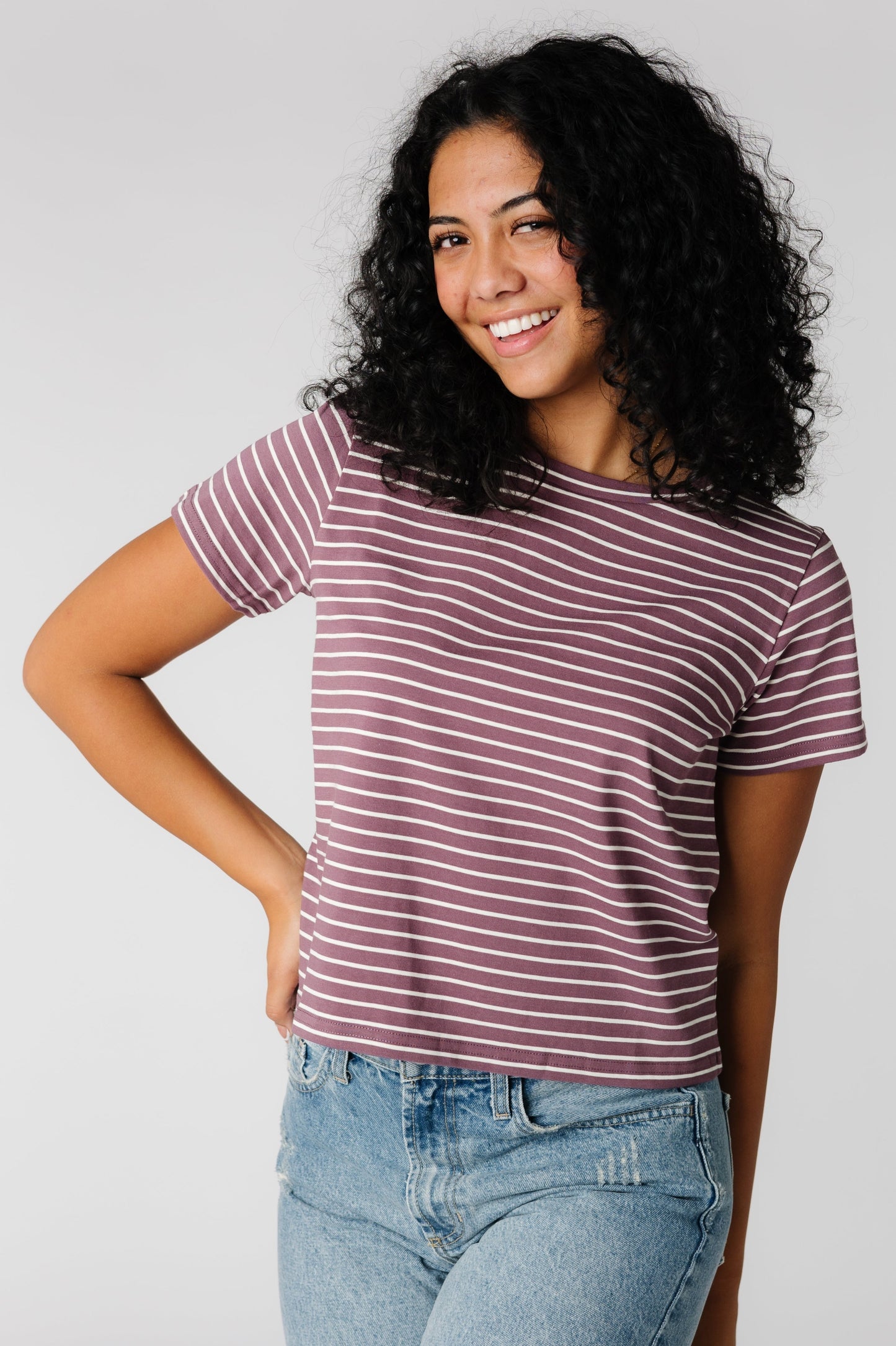 Modest plum tee with white stripes and short sleeves