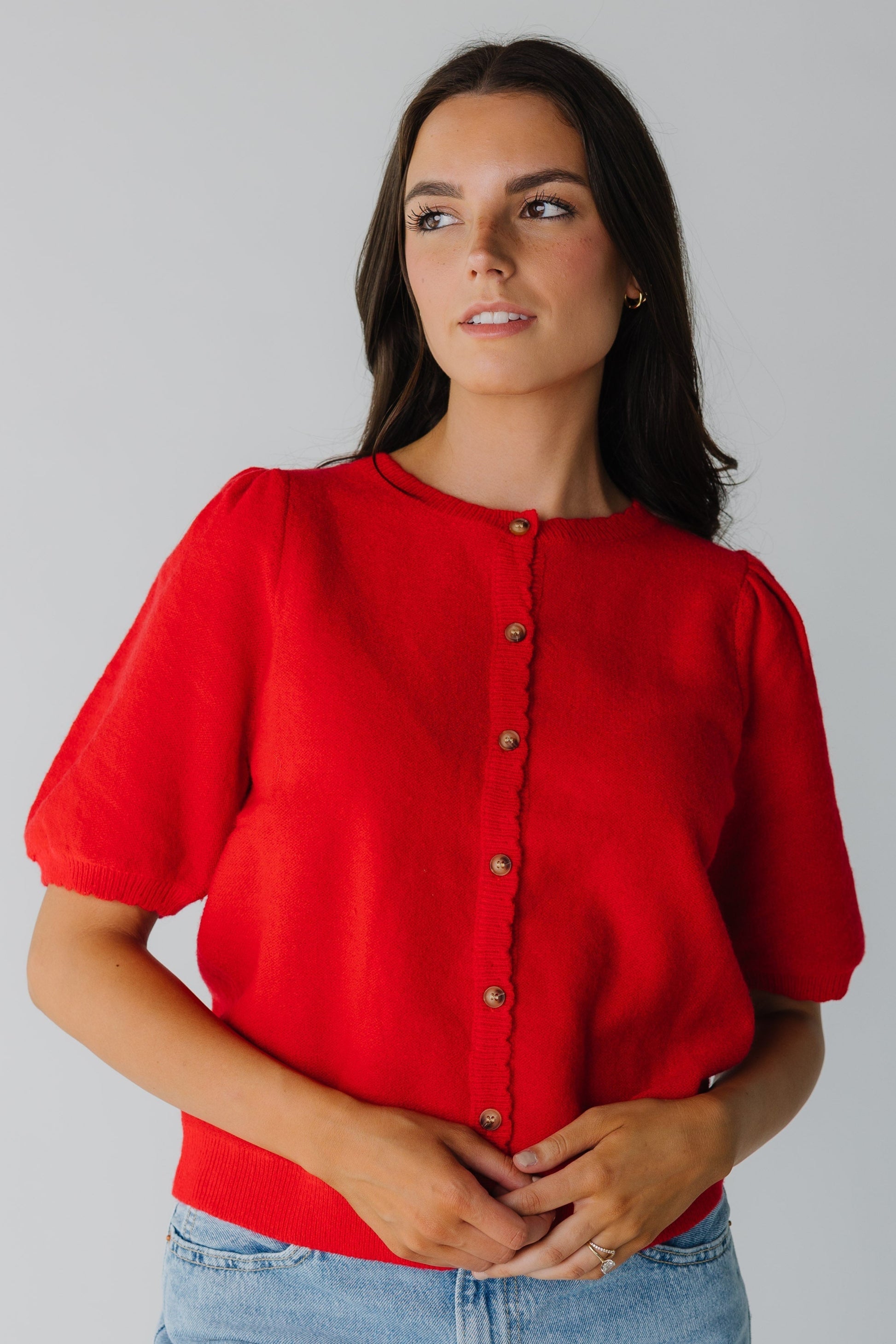 Modest women's red cardigan with elbow length puff sleeves and round neckline