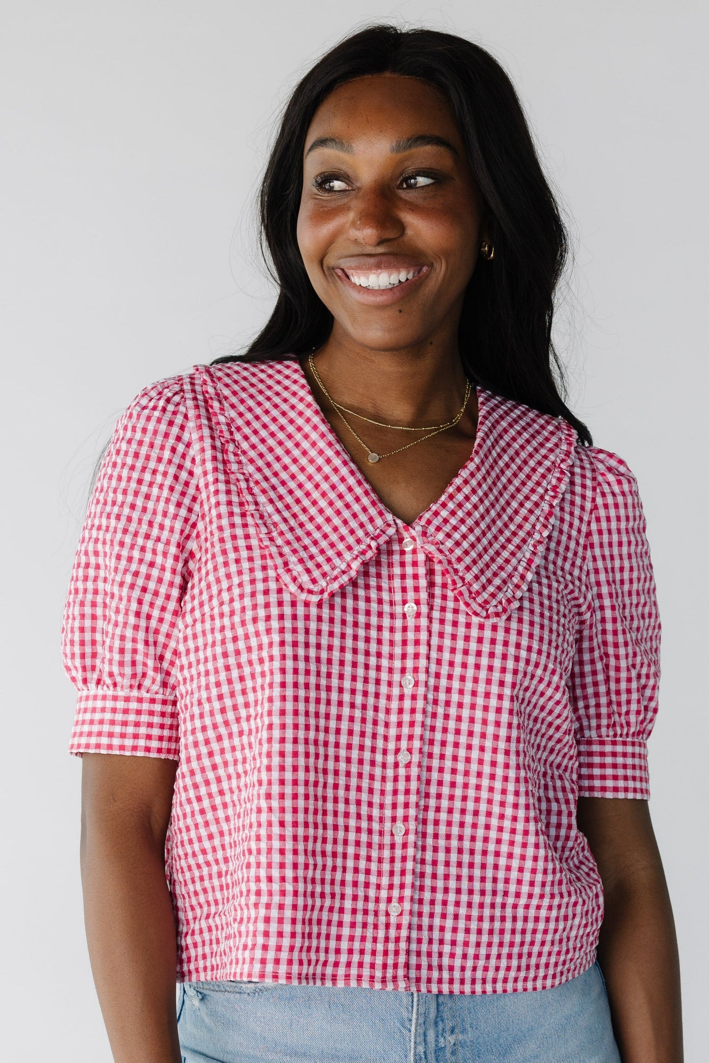 Brass & Roe Gingham Collared Top in red