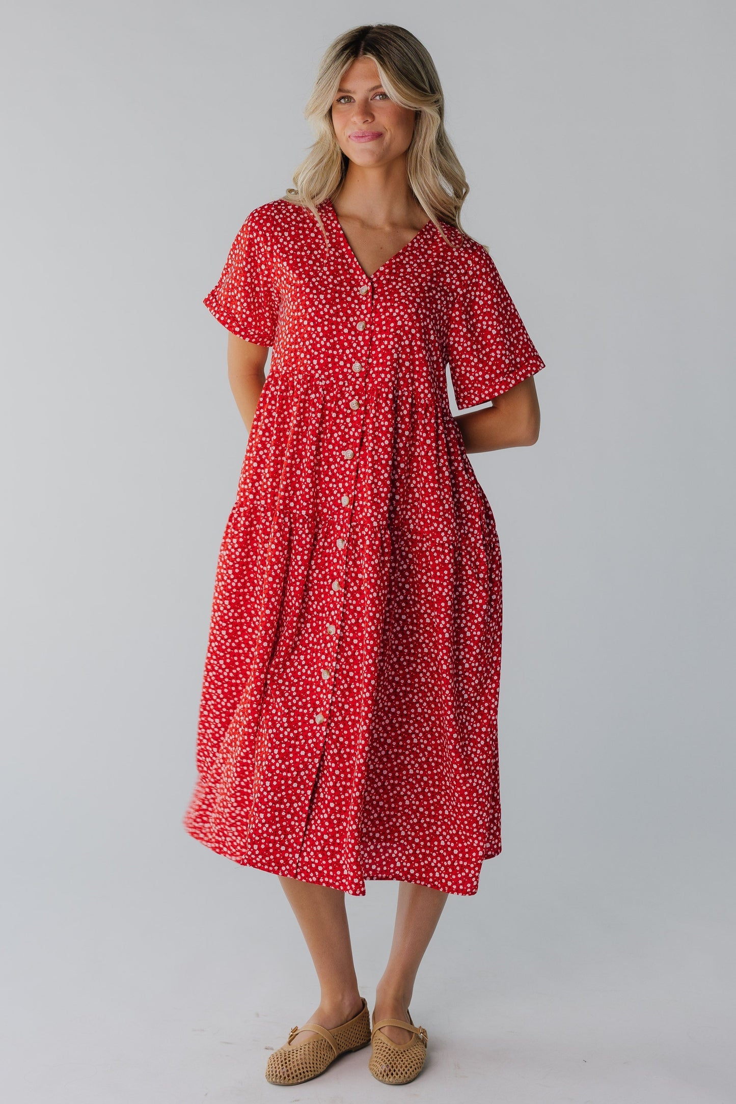 Modest red midi with V-neckline with short sleeves
