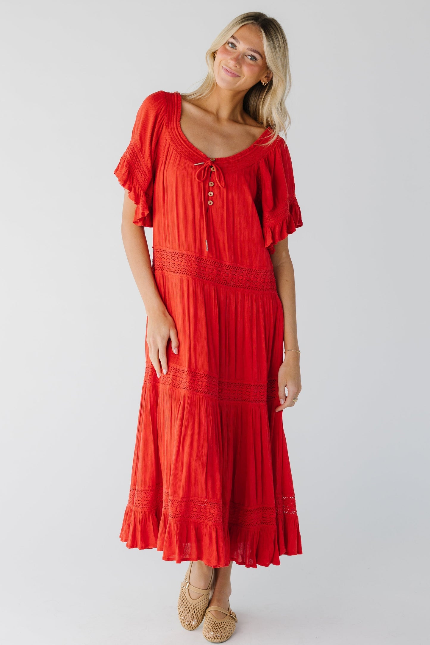 Red gauzy midi with lace insets