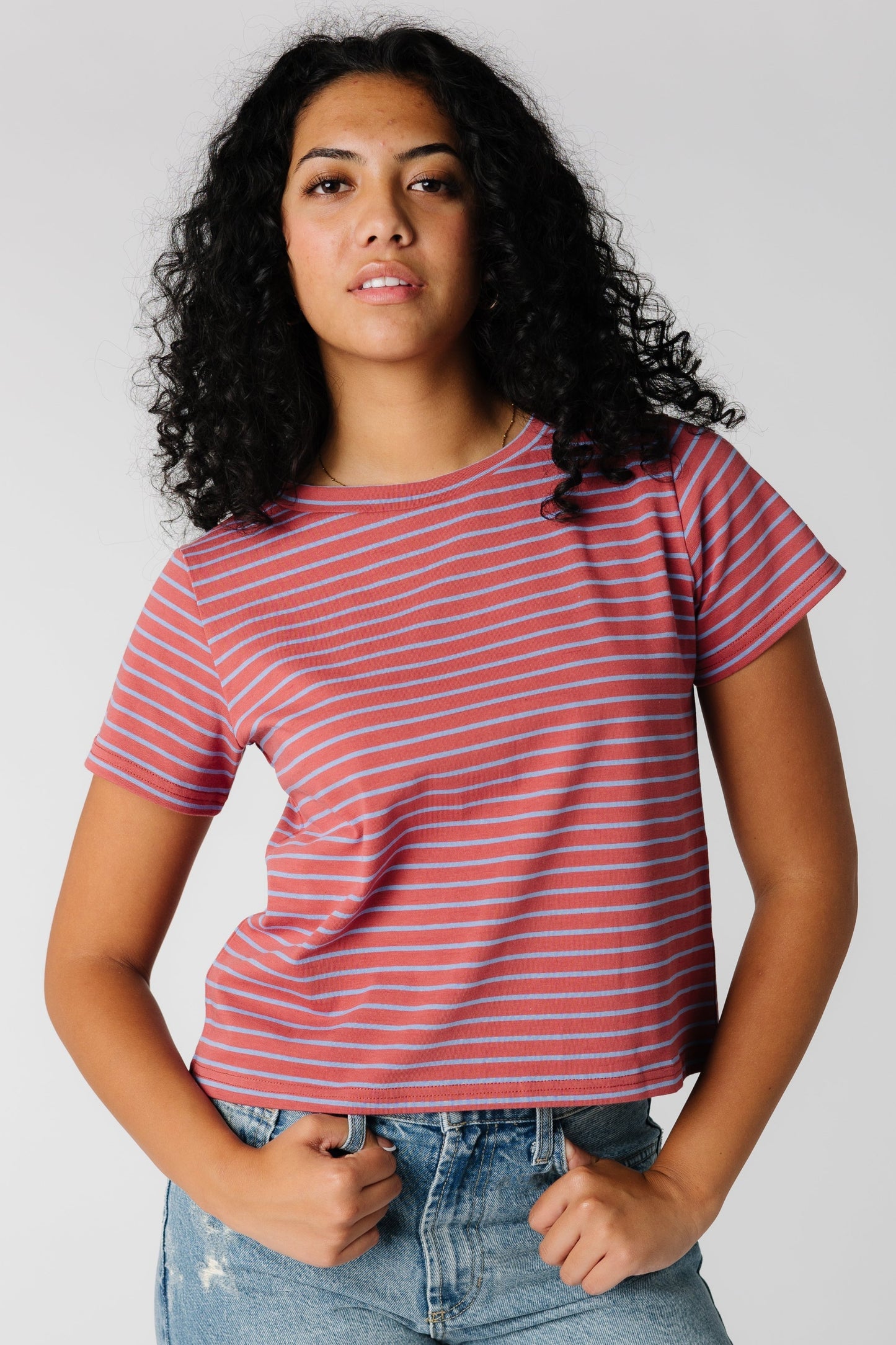 Brass and Roe modest stripe tee in rust