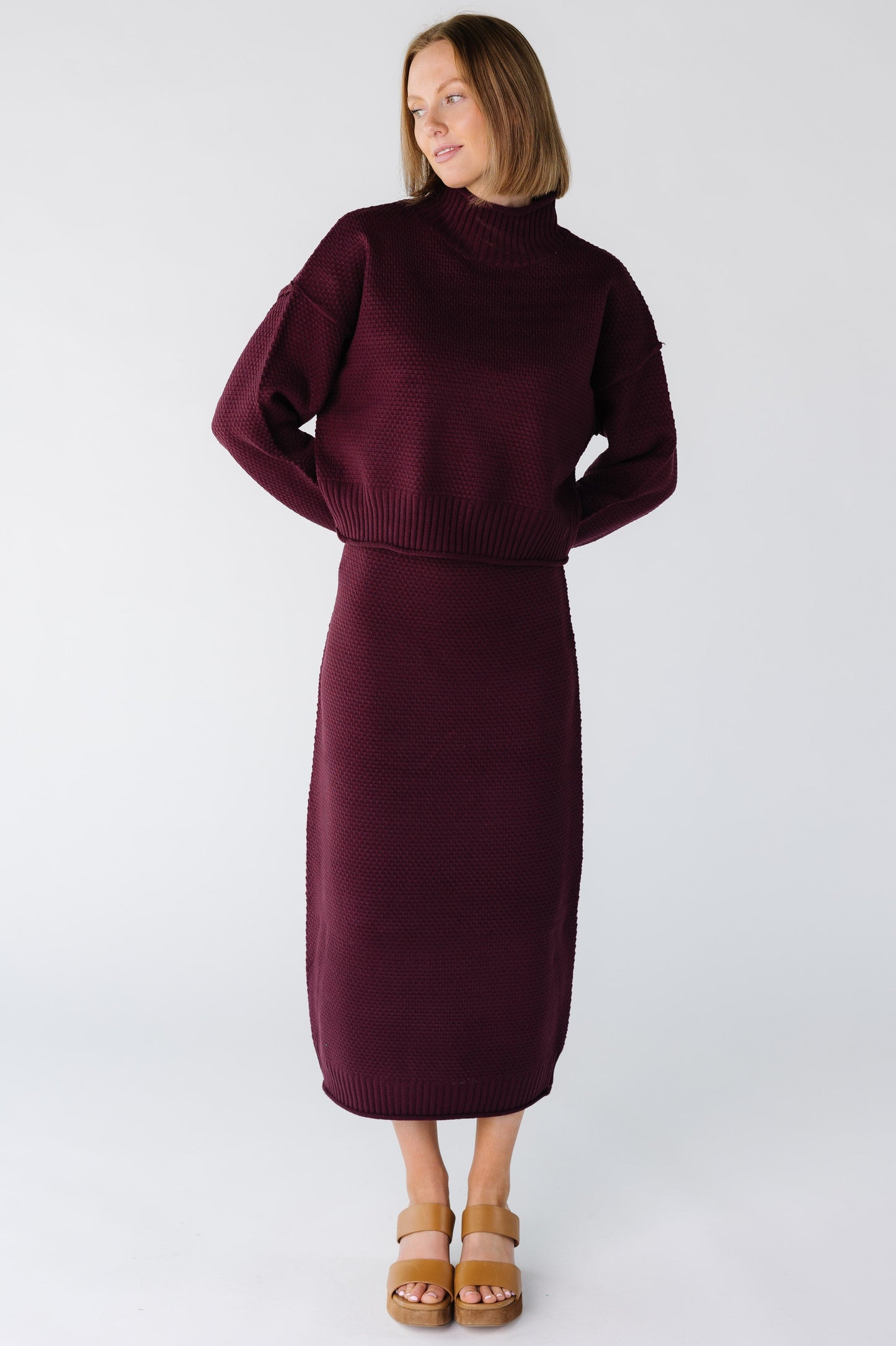 Modest women and teens 2 piece sweater and skirt set in dark cherry