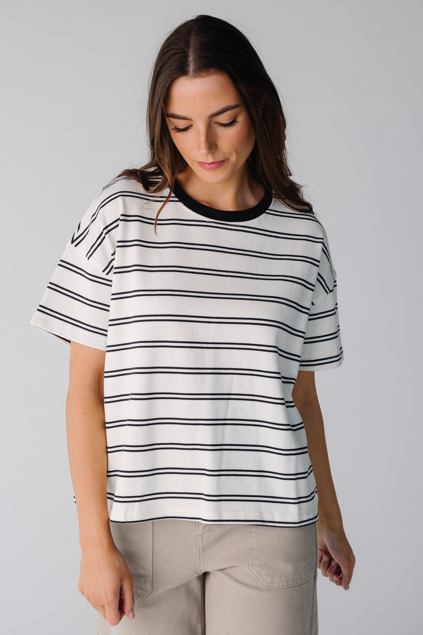 Boxy stripe tee in white and black