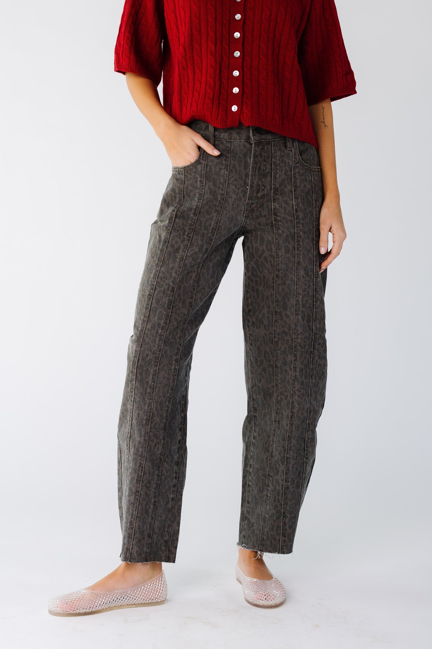 Modest Cheetah print barrel Jean  in brown with decorative seams